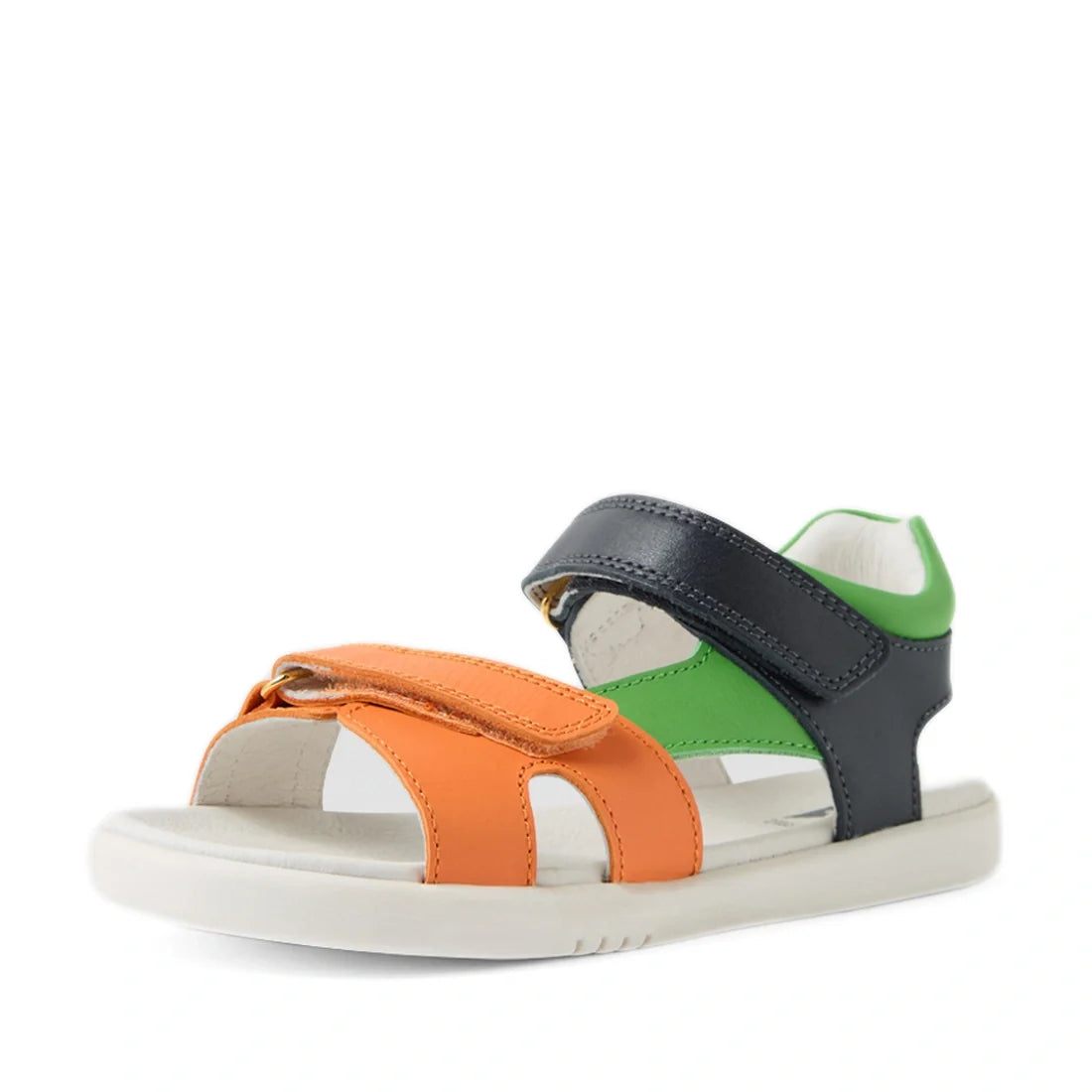 The Bobux KP Kids Plus Dune Leather Sandal Navy is a children’s sandal featuring orange, green, and dark blue adjustable straps, Velcro closures, and a white sole. Designed as breathable summer shoes, they are photographed on a white background., 94200748