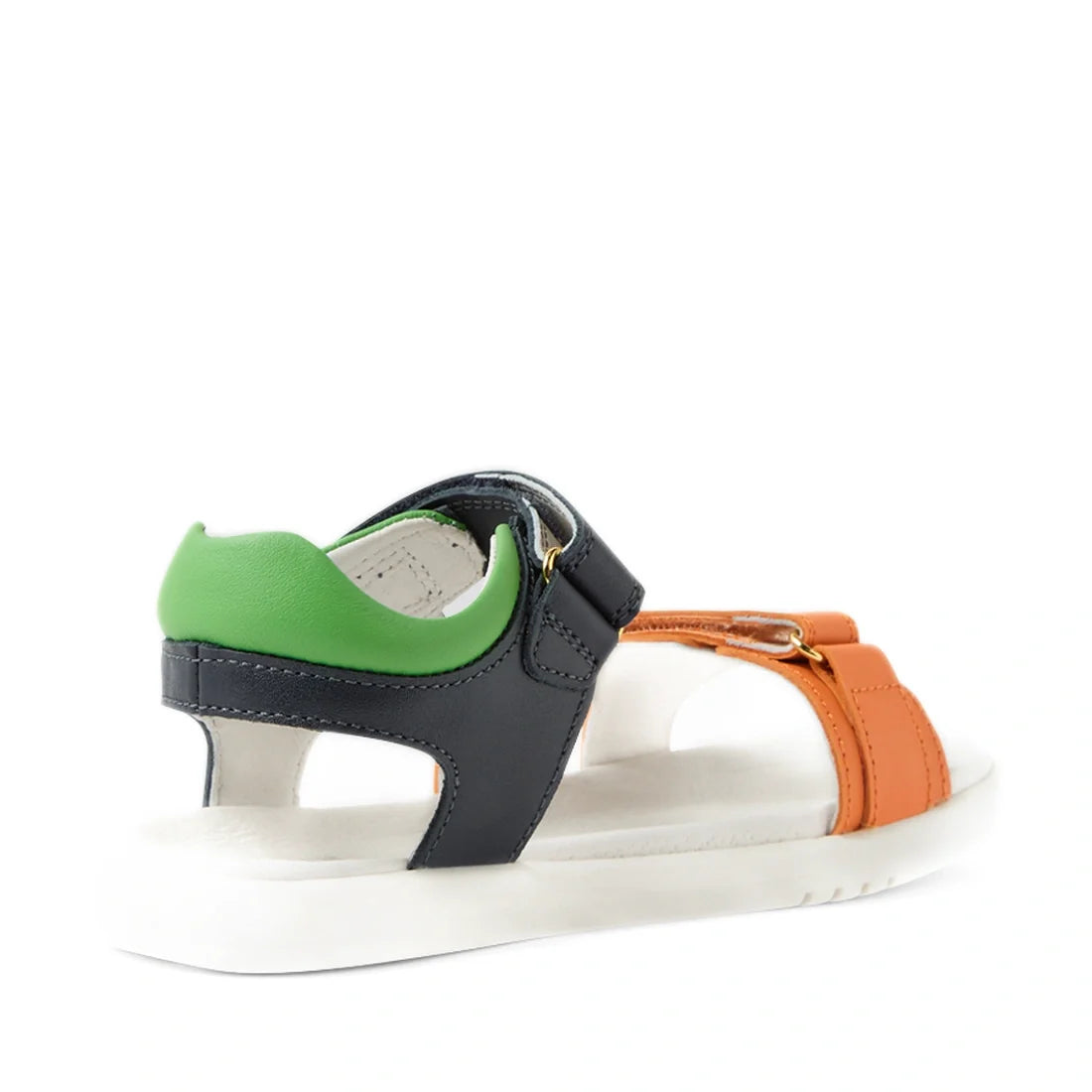 The Bobux KP Kids Plus Dune Leather Sandal Navy, designed as breathable summer shoes with adjustable straps, features a white sole, orange front straps, a black middle strap, and a green padded heel strap. Shown here from the back left angle., 94200748557