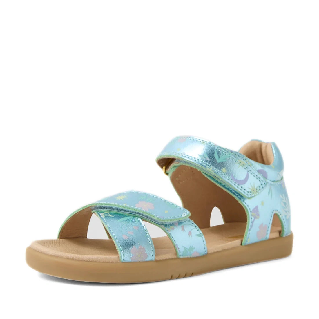 A Bobux KP Kids Plus Flora Leather Sandal in Jelly Mint Metallic Blue, featuring delicate floral print patterns, adjustable Velcro straps, and a tan rubber sole, displayed on a white background., 9420074846655, 9420074846662, 9420074846679, 9420074846693,
