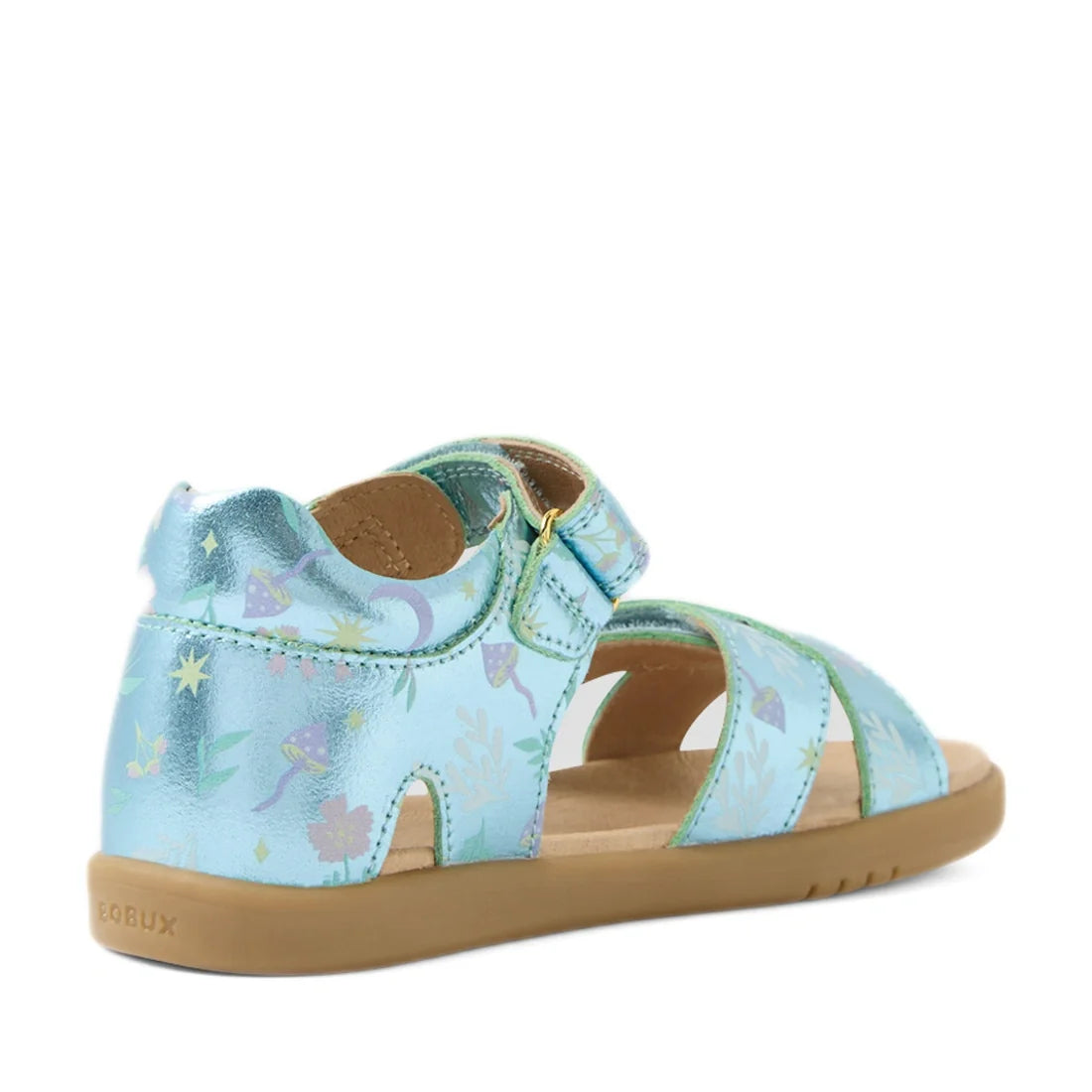 A Bobux KP Kids Plus Flora Leather Sandal in Jelly Mint Metallic Blue for kids, featuring floral and star patterns, a closed heel, open toe design, velcro strap fastening, and a tan rubber sole—shown from the back and side., 9420074846655, 9420074846662, 
