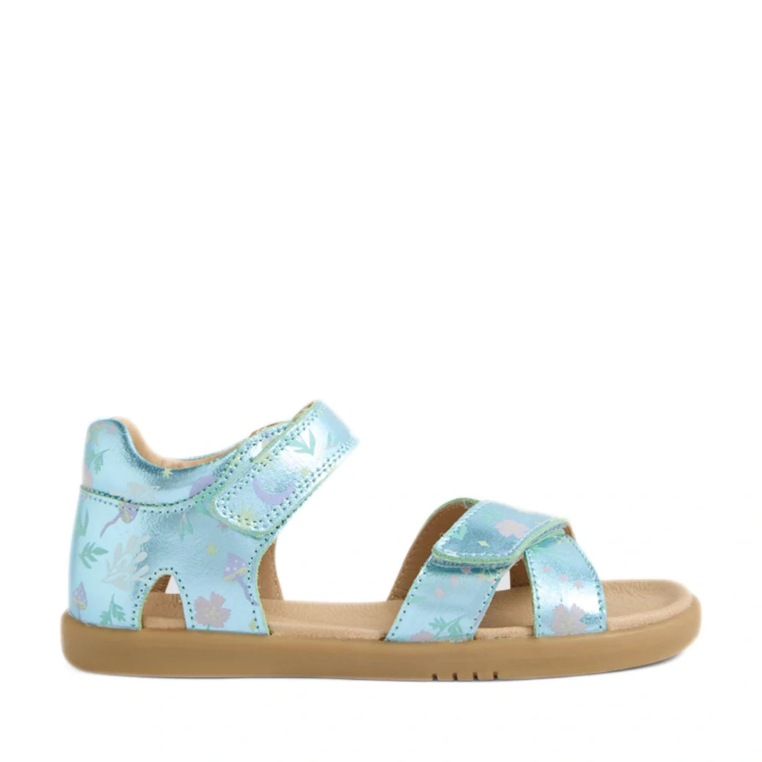 The Bobux KP Kids Plus Flora Leather Sandal in Jelly Mint Metallic Blue features a shiny metallic blue finish with floral patterns, adjustable Velcro straps, and a tan rubber sole, shown from the side., 9420074846655, 9420074846662, 9420074846679, 9420074