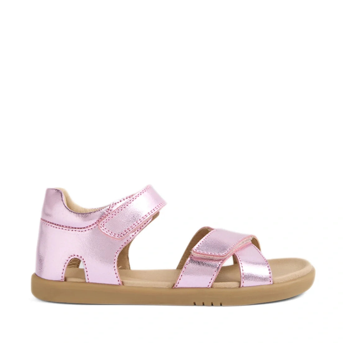 Introducing the Bobux KP Kids Plus Flora Leather Sandal in Pink Lemonade—a pair of metallic pink sandals featuring adjustable Velcro straps and a tan rubber sole, specially crafted for children’s comfort and style., 9420074846570, 9420074846587, 942007484
