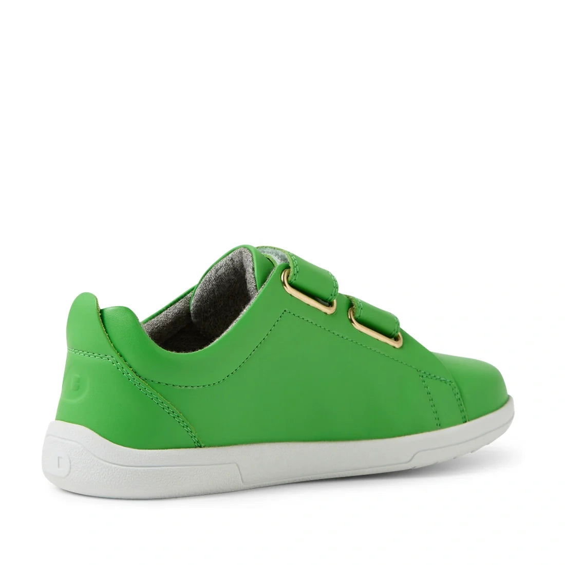 A side view of the Bobux KP Kids Plus Grass Court 2 II Leather Sneaker in Retro Green, featuring a wide fit, premium leather, two Velcro straps, and a white sole, photographed against a plain white background., 9420074859839, 9420074859853, 9420074859846,