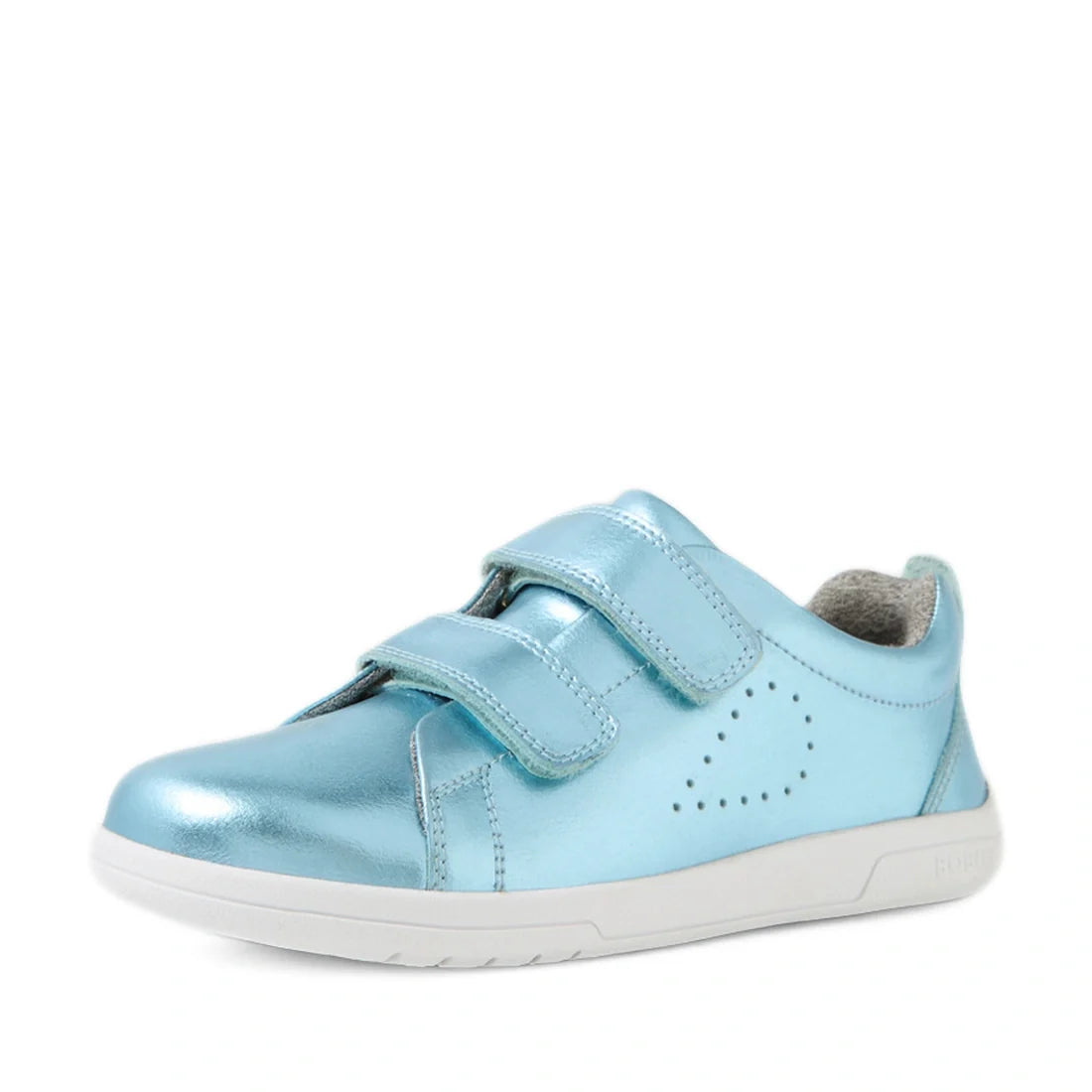 The Bobux KP Kids Plus Grass Court 2 II Leather Sneaker in Jelly Mint Metallic Blue features a wide fit, soft leather upper with two Velcro straps, a perforated side design, and a white rubber sole—combining style and comfort for little feet., 94200748598