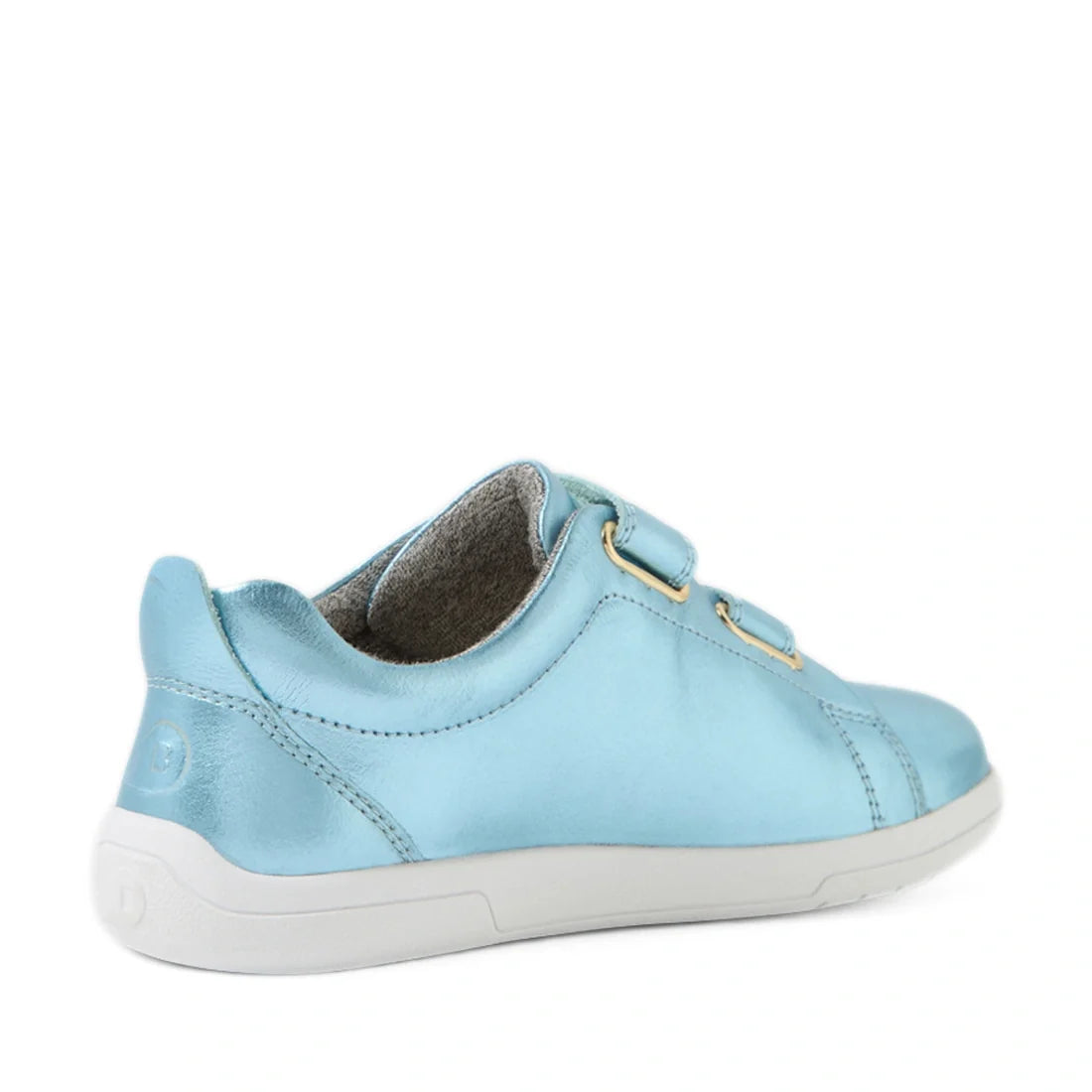 A Bobux KP Kids Plus Grass Court 2 II Leather Sneaker in Jelly Mint Metallic Blue, featuring a white sole and two hook-and-loop straps, is shown from a side-rear angle against a white background., 9420074859860, 9420074859877, 9420074859884, 9420074859891