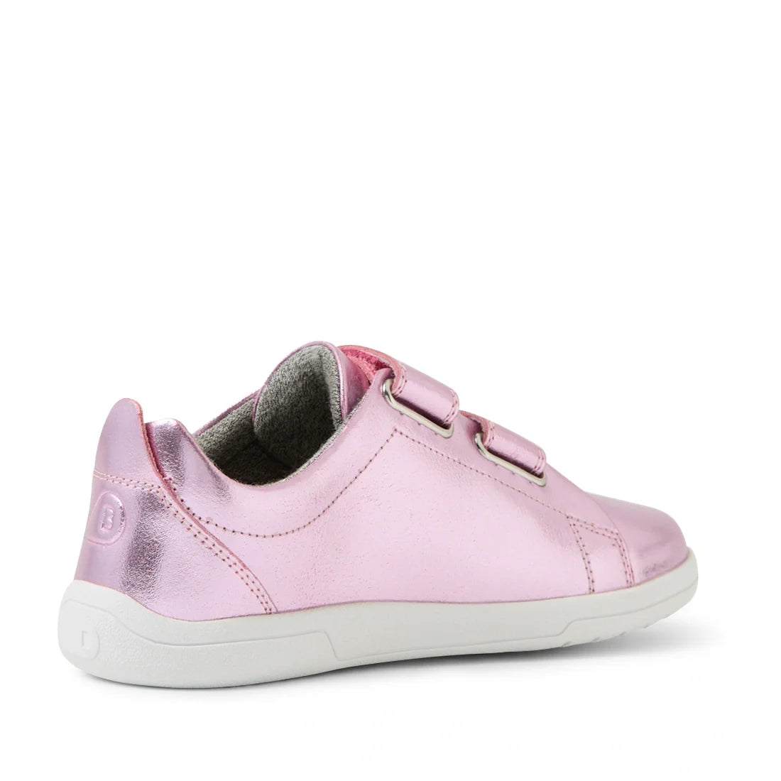 The Bobux KP Kids Plus Grass Court 2 II Leather Sneaker in Pink Metallic, featuring two velcro straps and a white sole, is displayed from the side against a plain white background., 9420074859662, 9420074859679, 9420074859655, 9420074859686, 9420074859693