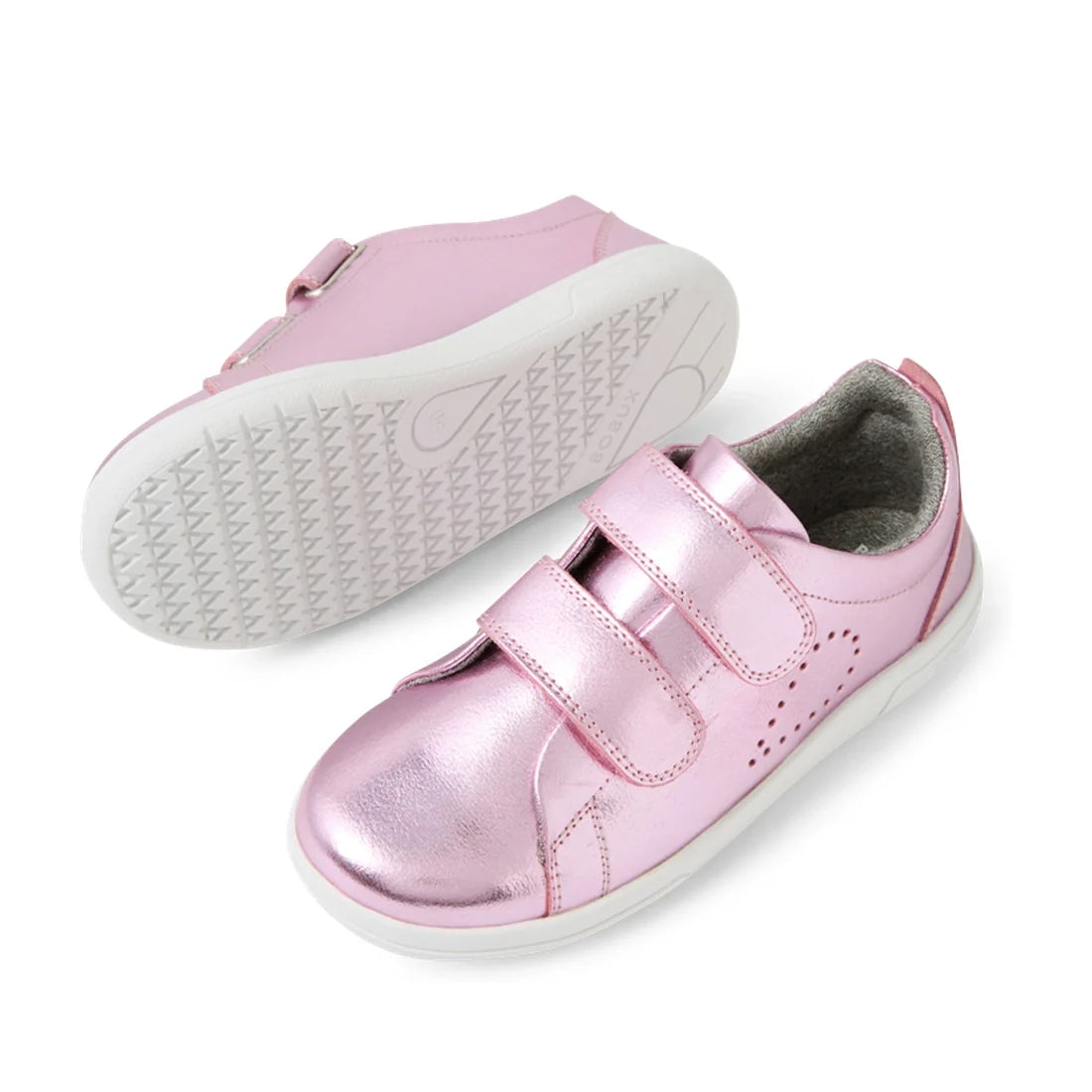 Bobux KP Kids Plus Grass Court 2 II Leather Sneaker Pink Metallic: These shiny metallic pink leather sneakers for kids feature two velcro straps, white soles, and classic side perforations in the iconic Grass Court style. One shoe is upright, while the ot