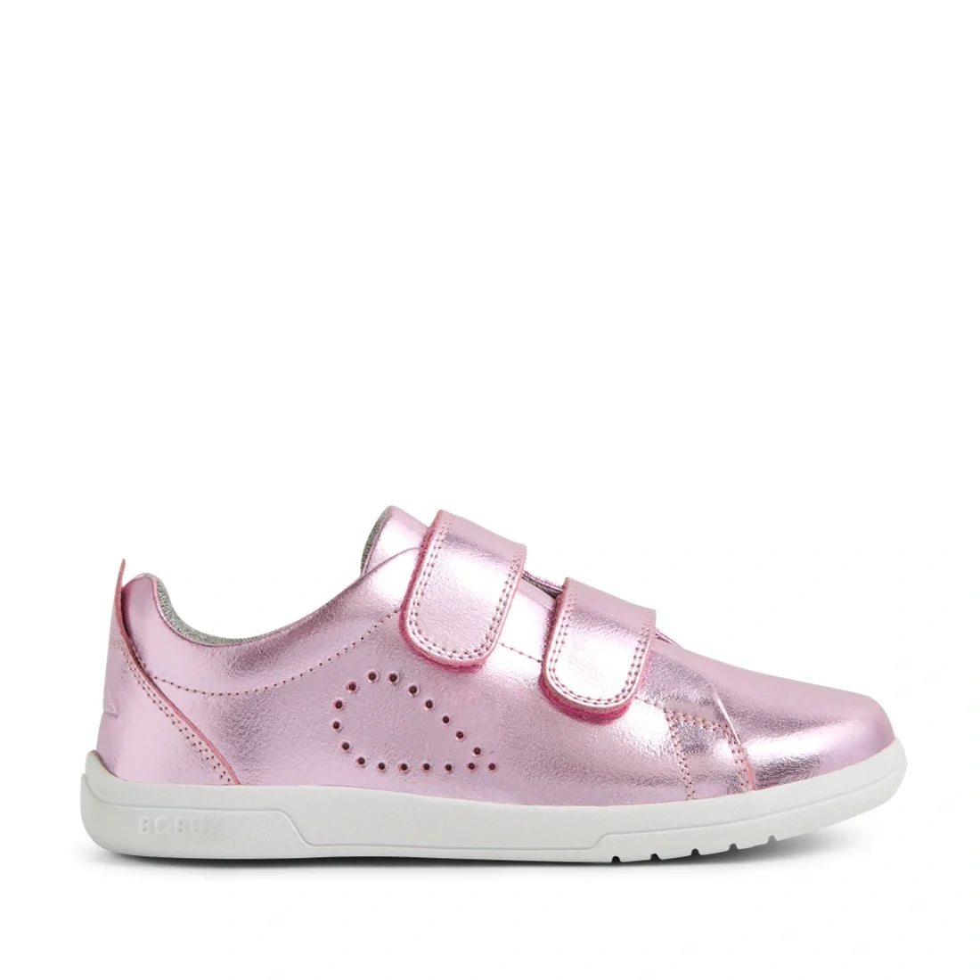 A Bobux KP Kids Plus Grass Court 2 II Leather Sneaker in Pink Metallic featuring a shiny look, two Velcro straps, a white sole, and small teardrop-shaped perforated dots on the side., 9420074859662, 9420074859679, 9420074859655, 9420074859686, 94200748596