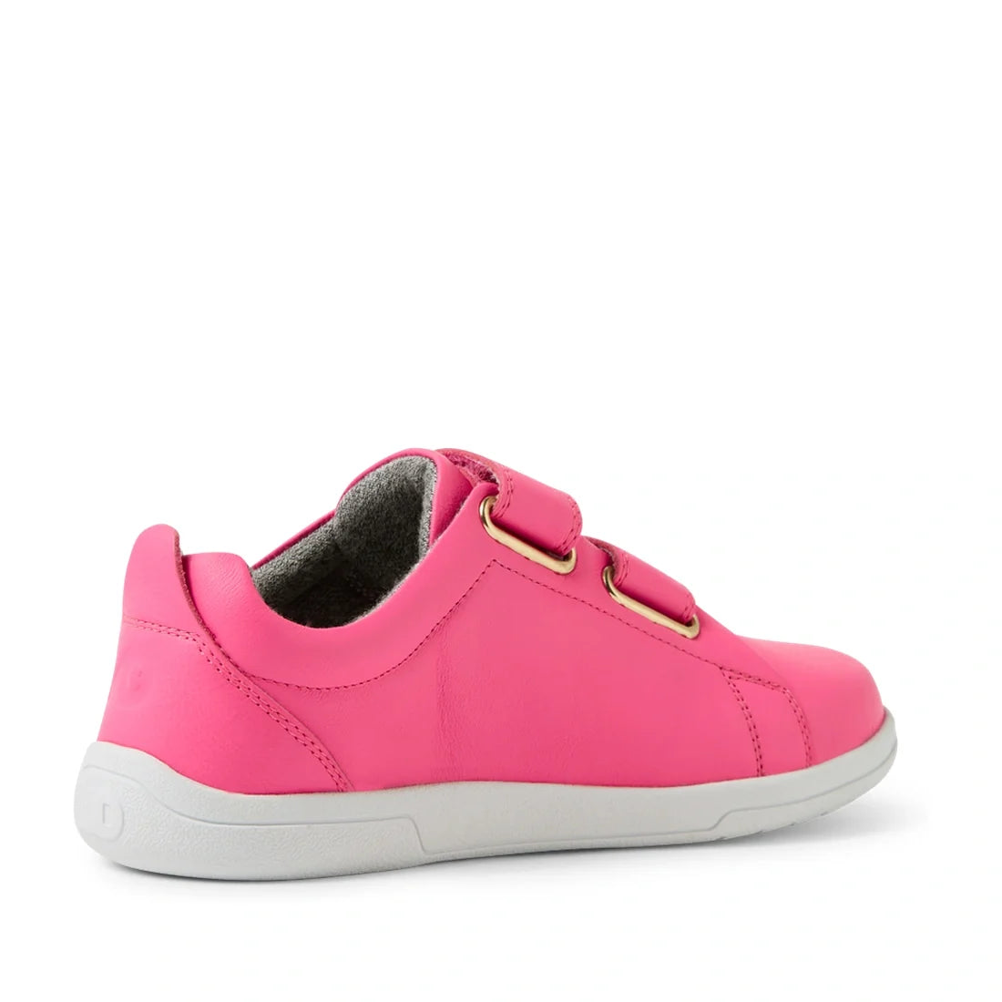The Bobux KP Kids Plus Grass Court 2 II Leather Sneaker in Pink Lemonade features a bright pink leather upper, white sole, gold eyelets, velcro strap closure, and gray inner lining in a stylish wide fit—shown here from the side view., 9420074859549, 94200