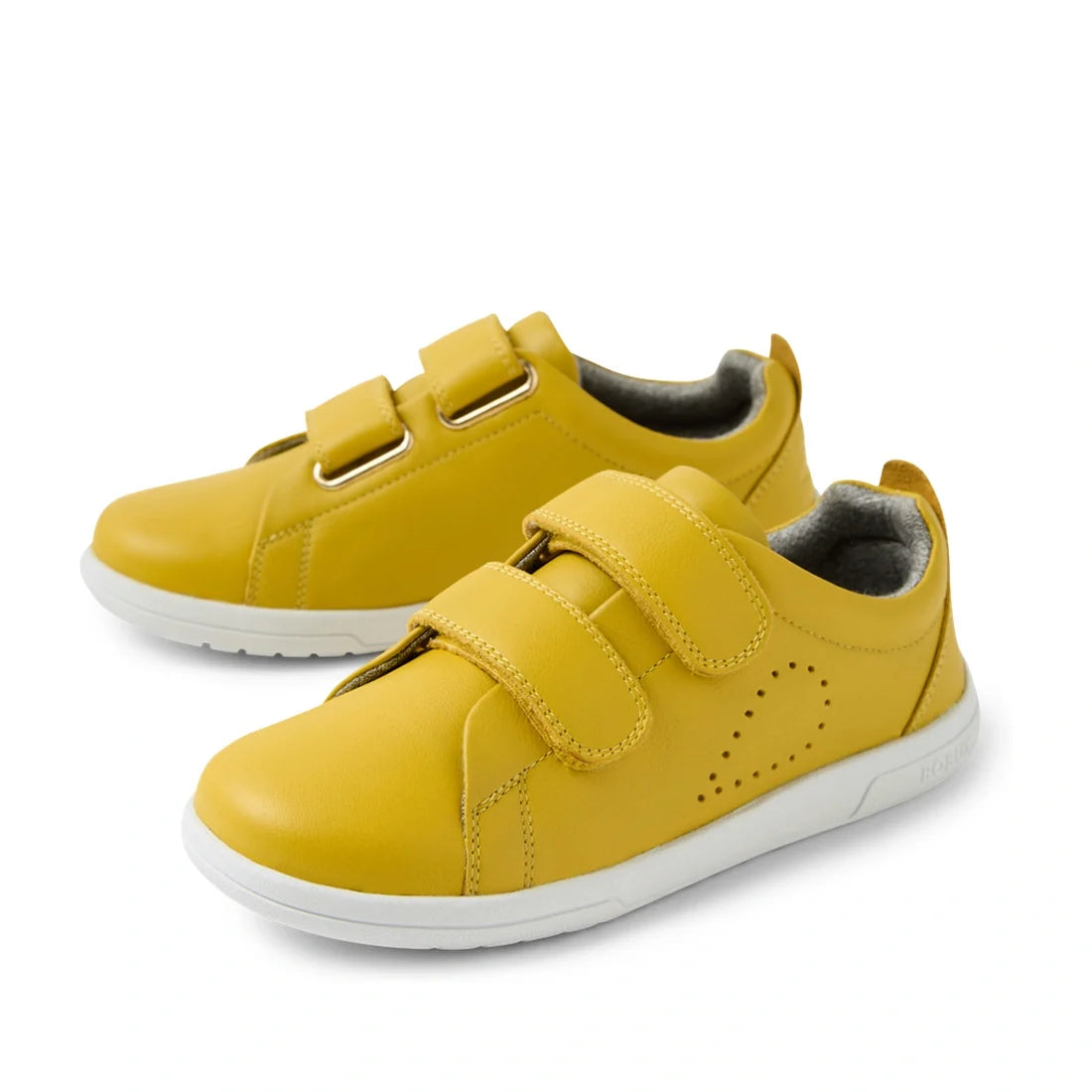 A pair of Bobux KP Kids Plus Grass Court 2 II Leather Sneakers in Mango Mint, featuring leather uppers, white soles, velcro straps, and a wide fit, shown on a white background.