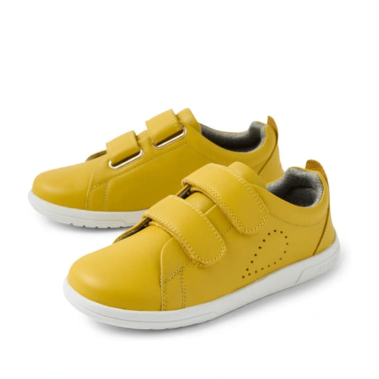 A pair of Bobux KP Kids Plus Grass Court 2 II Leather Sneakers in Mango Mint, featuring leather uppers, white soles, velcro straps, and a wide fit, shown on a white background.