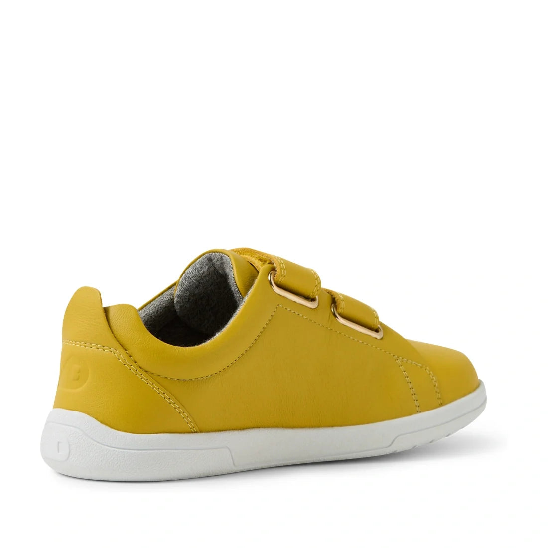 A yellow Bobux KP Kids Plus Grass Court 2 II Leather Sneaker Mango Mint for kids, featuring two hook-and-loop straps and a white sole, designed in a wide fit and shown from the back left side against a white background., 9420074859587, 9420074859617, 9420