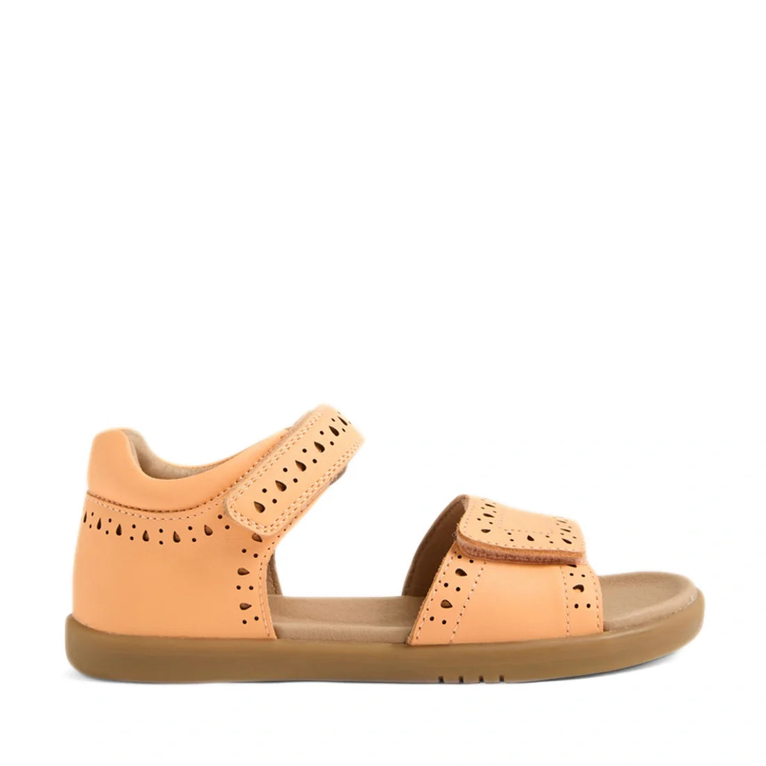 The Bobux Kid+ Plus KP Logan Peach Jelly Open Toe Sandal is a peach-toned children’s sandal featuring perforated detailing, Velcro adjustable straps at the ankle and toe, and a flat sole designed for comfort and casual wear., 9420074847201, 9420074847218,