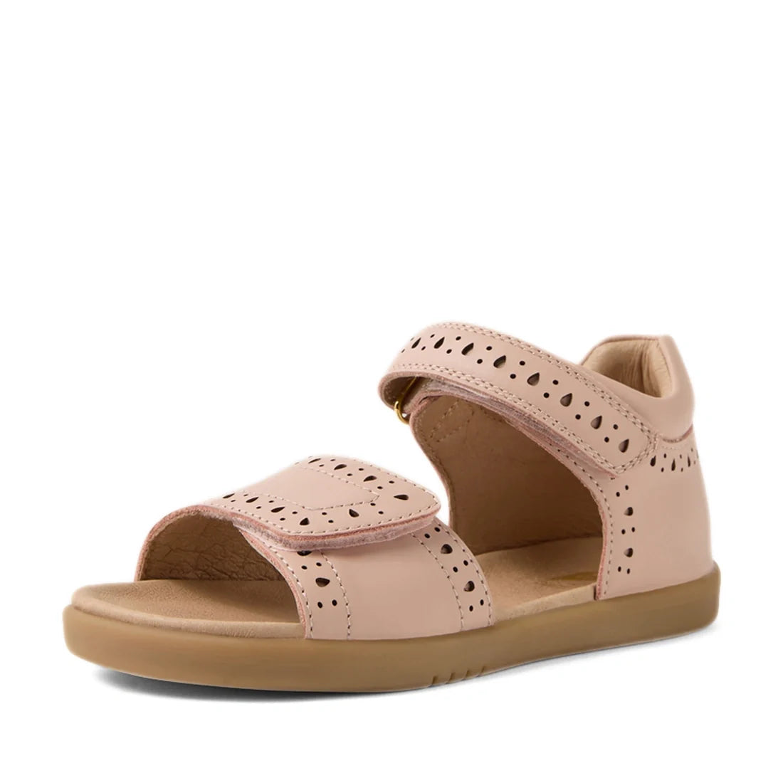 Here’s the rewritten sentence using the provided product data: A single Bobux Kid+ Plus KP Logan Cameo Rose Pink Open Toe Sandal for girls, crafted from premium leather with a closed heel, open toe, perforated detailing, and two adjustable Velcro straps, 