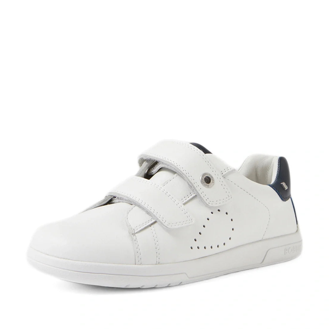 The Bobux Kid+ Plus KP Maverick Leather Sneaker White Navy features a white leather upper with two adjustable Velcro straps, subtle perforated detailing on the side, and a navy accent on the heel, offering stylish comfort for everyday wear.