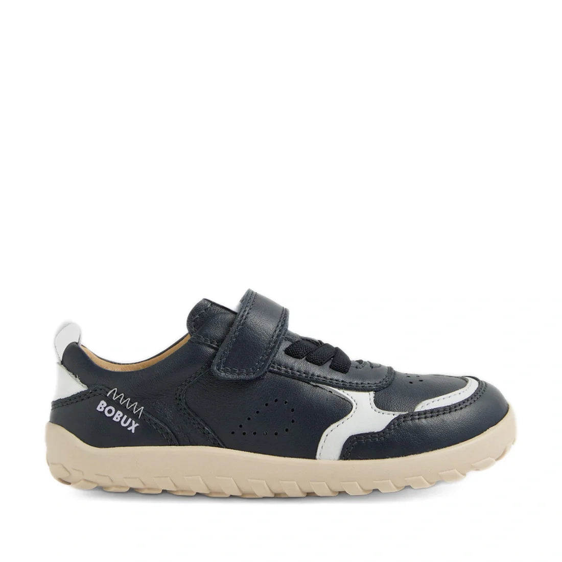 A kids’ sneaker, the Bobux Kid+ Plus KP Neo Leather Sneaker Navy Alpha, features navy blue and white leather, a barefoot-shaped toebox, beige zero drop sole, Velcro strap fastening, and has “Bobux” printed on the side., 9420074847690, 9420074847706, 94200