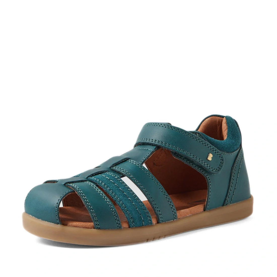 The Bobux Kid+ Plus Roam Mediterranean Green Closed Toe Sandal is a kids’ leather sandal featuring a teal-colored upper, tan rubber sole, velcro strap closure, open sides, and multiple horizontal straps with visible stitching—making it an ideal summer san