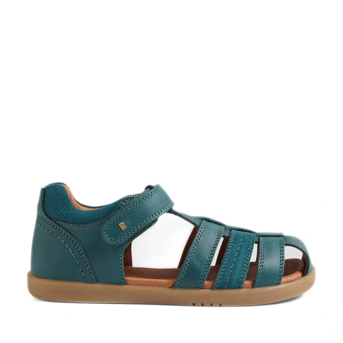 A Mediterranean Green leather summer sandal with multiple straps, a closed heel, and a Velcro ankle strap, shown from the side with a light brown sole—an ideal choice for kids seeking stylish comfort in the classic Bobux Kid+ Plus Roam Closed Toe Sandal.,