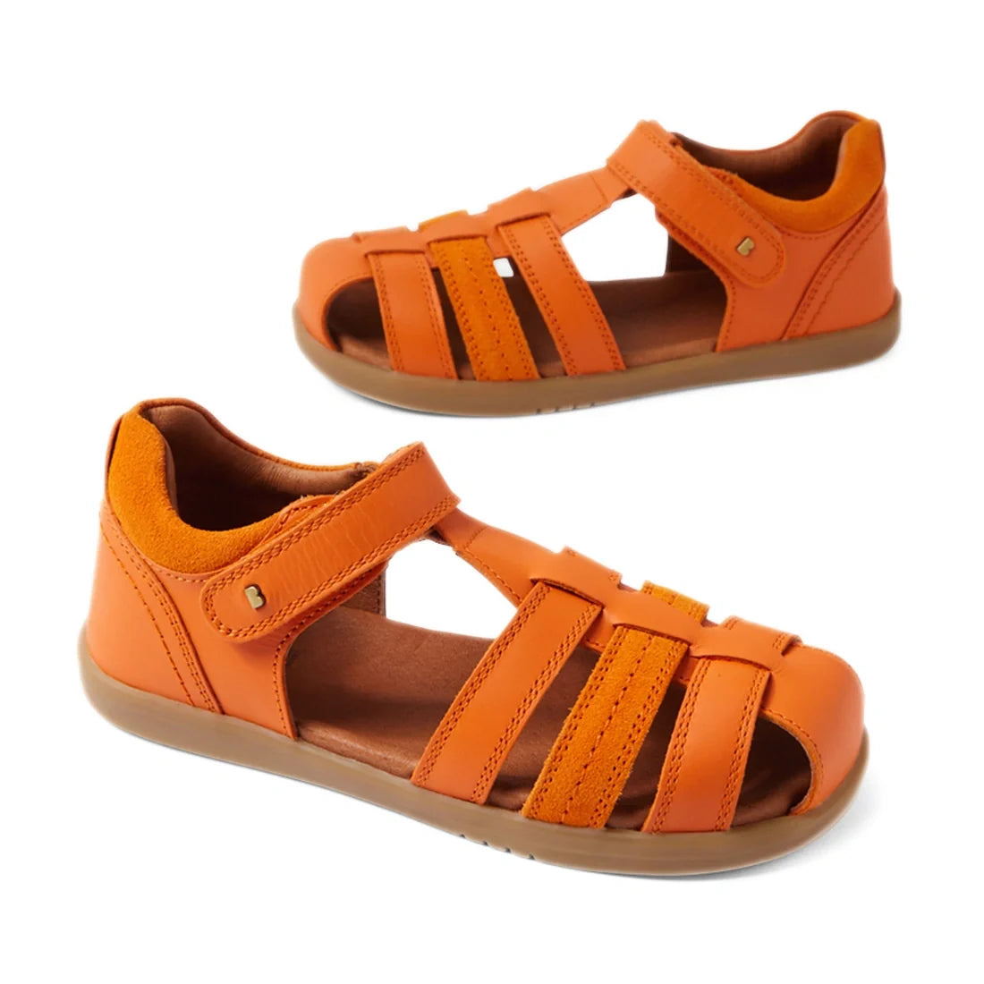 A pair of Bobux Kid+ Plus Roam Orange Peel Closed Toe Sandals for children, featuring closed toes, open sides, and hook-and-loop straps, displayed against a white background—perfect kids’ summer shoes for all-day comfort.