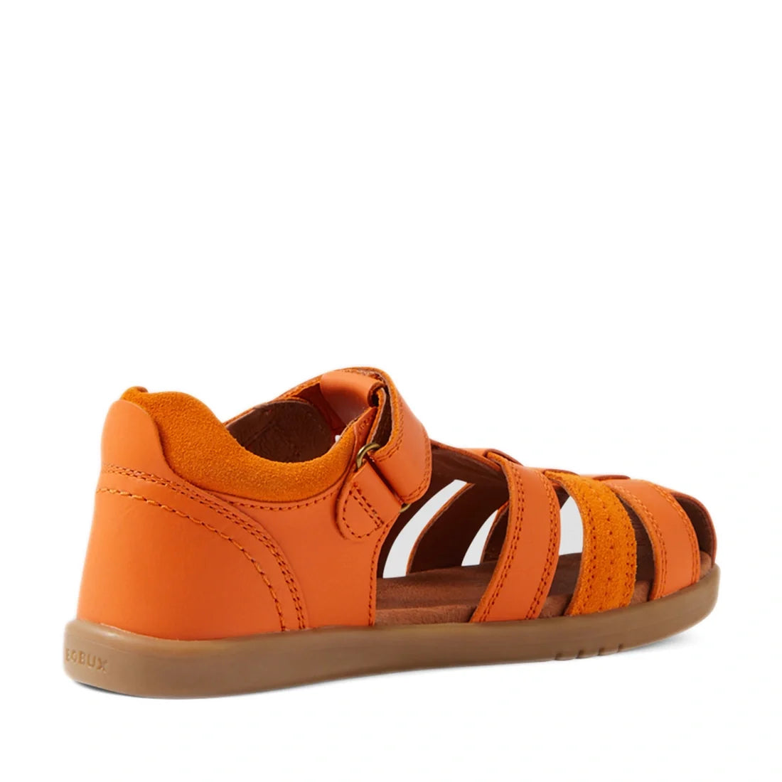Bobux Kid+ Plus Roam Orange Peel Closed Toe Sandal for kids features a vibrant orange design with a closed heel, open toe, and multiple straps. Ideal as summer shoes, this style is equipped with a Velcro closure and a brown rubber sole. The sandal is disp