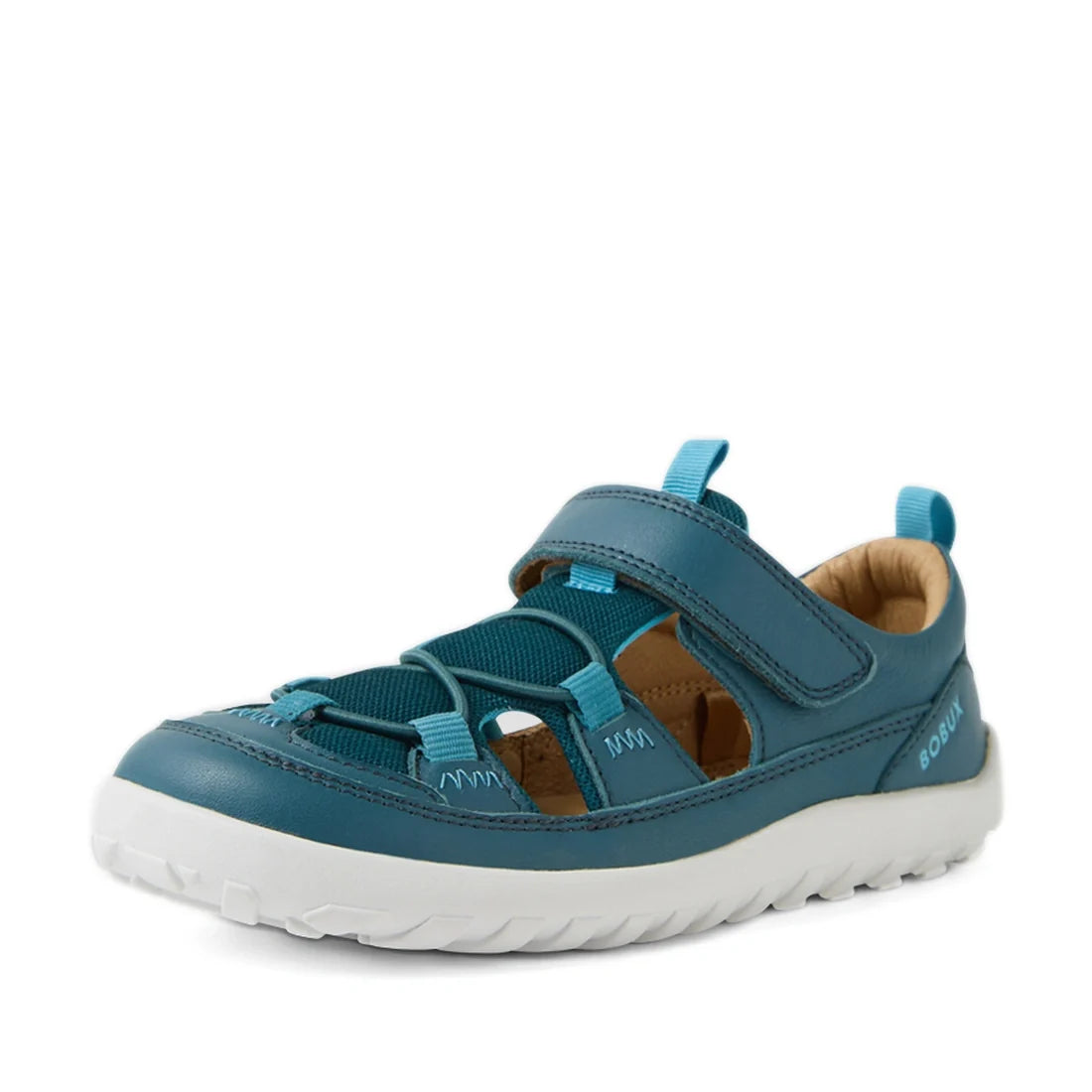 Mediterranean green Bobux Kid+ KP Rocky Leather Closed Toe Sandal, featuring multiple straps, a white textured sole, pull tab at the heel, and the Sobian brand name on the side. This zero drop barefoot sandal is angled to showcase its front and side., 942