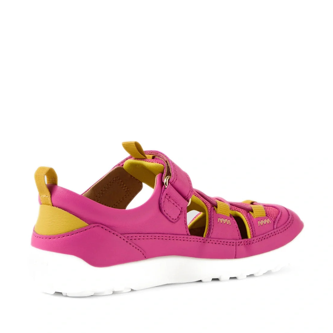 The Bobux Kid+ KP Rocky Leather Closed Toe Sandal in Rose Violet Barefoot features a combination of pink and yellow leather with cut-out details, a white rubber sole, and a pull tab at the heel. Designed with zero drop construction for a barefoot-like fee