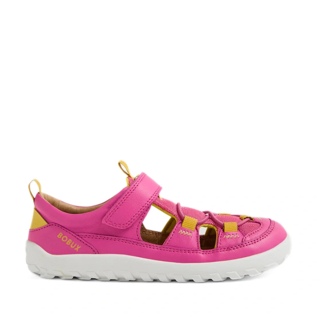 Introducing the Bobux Kid+ KP Rocky Leather Closed Toe Sandal in Rose Violet Barefoot—a children’s sandal featuring a pink and yellow design with a white rubber sole, cut-out sides, a Velcro strap, and BOBUX branding on the heel. Crafted with premium leat