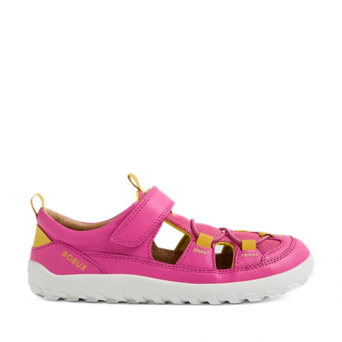 Introducing the Bobux Kid+ KP Rocky Leather Closed Toe Sandal in Rose Violet Barefoot—a children’s sandal featuring a pink and yellow design with a white rubber sole, cut-out sides, a Velcro strap, and BOBUX branding on the heel. Crafted with premium leat