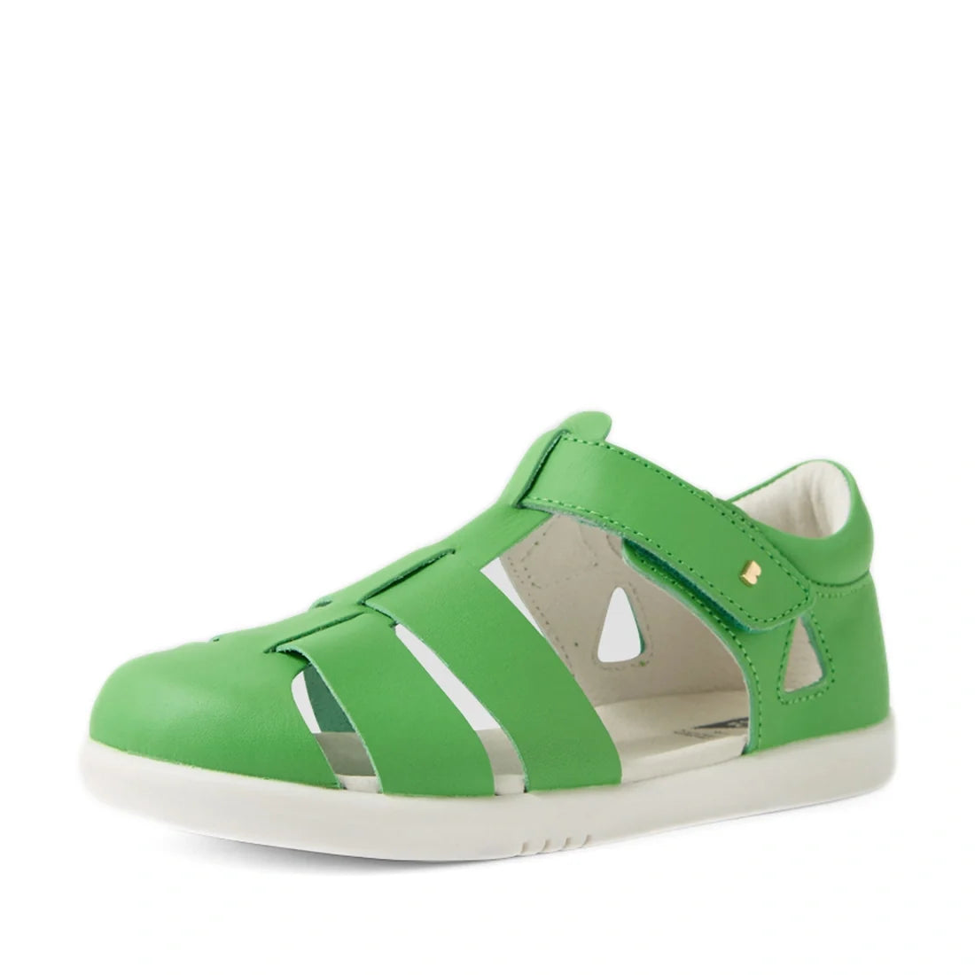A single Bobux Kid + Plus Tidal Closed Toe Quick Dry Sandal in Retro Green, designed for children with cut-out details, a closed toe, and a white rubber sole, is displayed against a plain white background., 9420074809469, 9420074809476, 9420074809483, 942