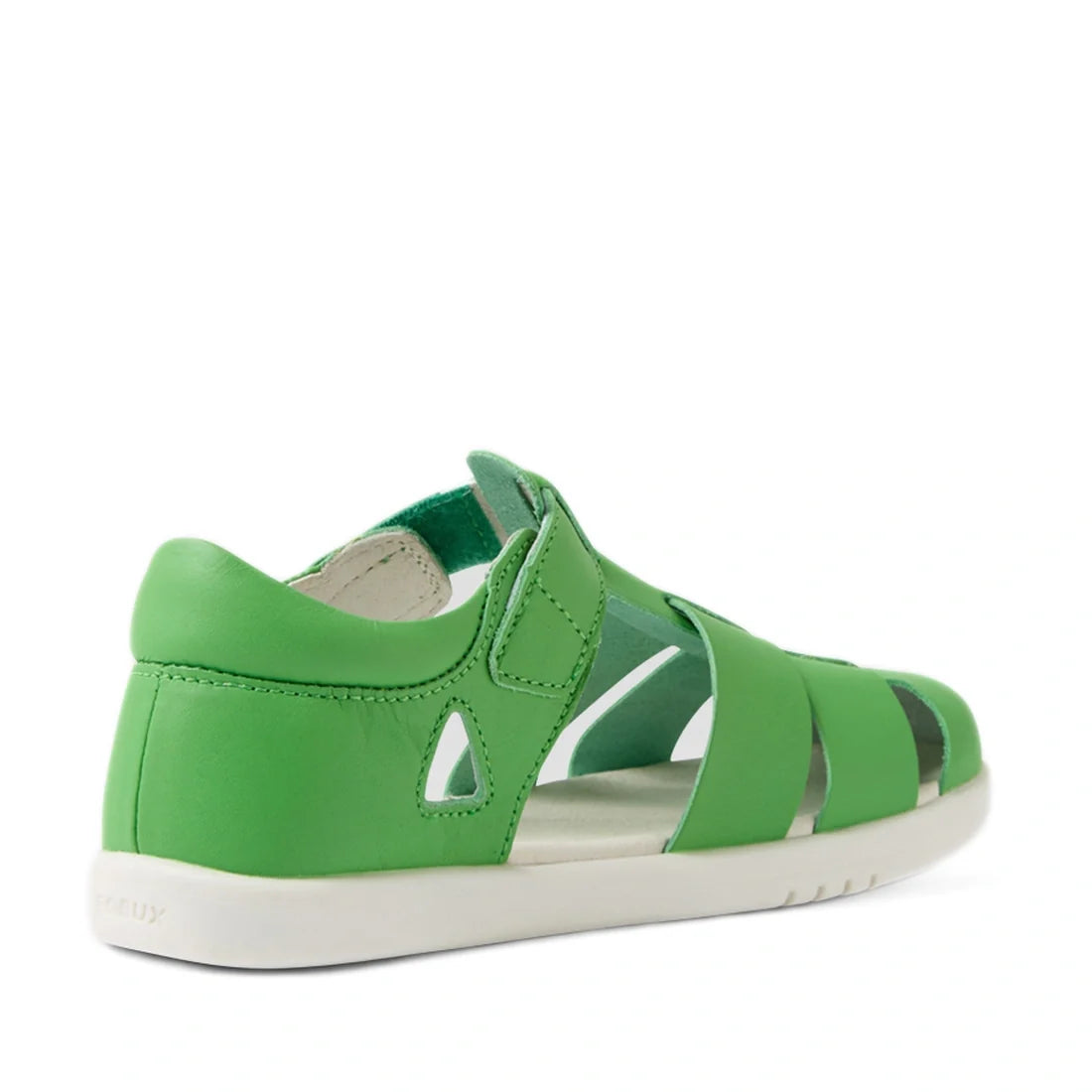 A back view of the Bobux Kid+ Plus Tidal Closed Toe Quick Dry Sandal in Retro Green, featuring leather construction with cutout sides, an open toe, a closed heel, and a white sole., 9420074809469, 9420074809476, 9420074809483, 9420074809438, 9420074809452