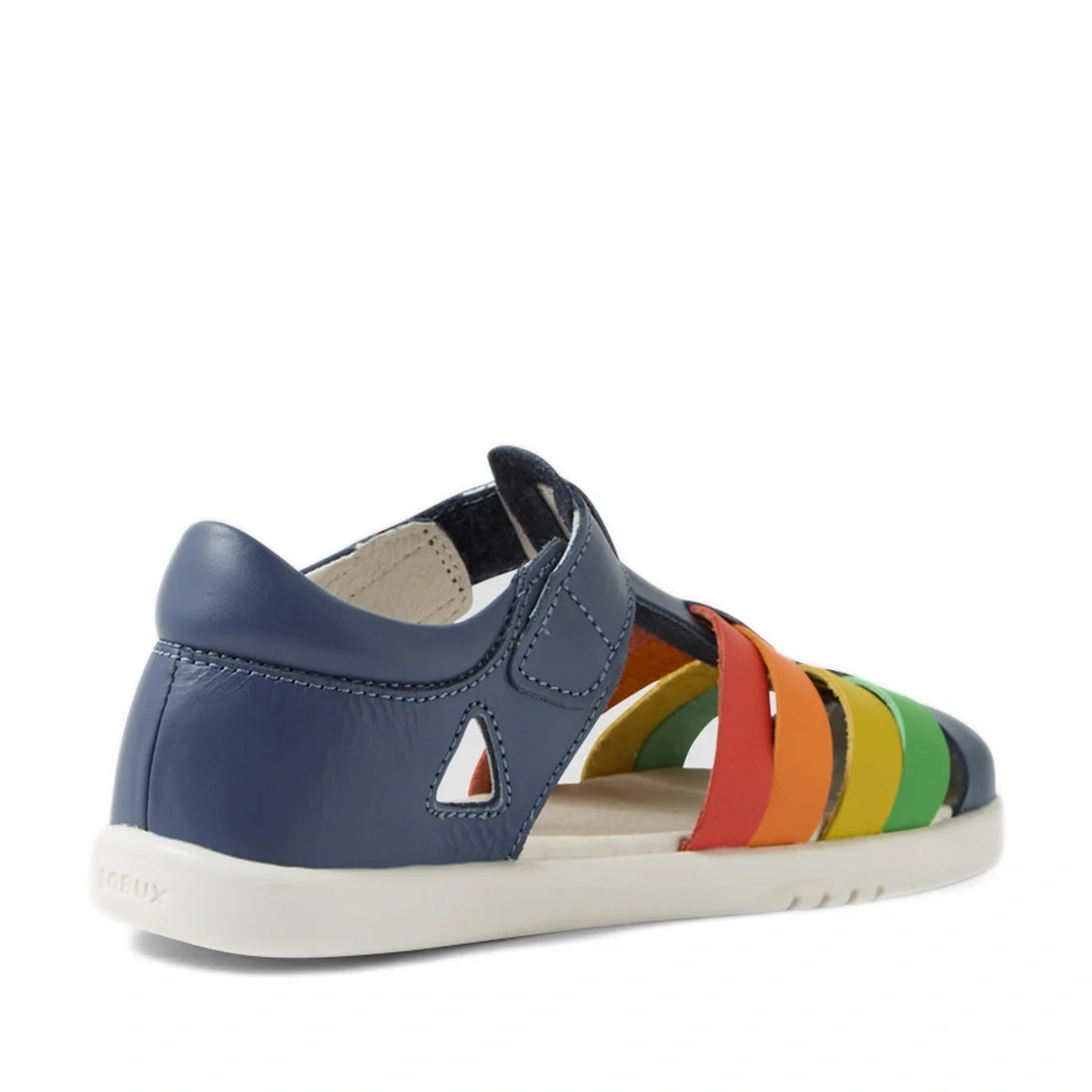 Introducing the Bobux Kid + Plus Tidal Closed Toe Quick Dry Sandal in Vintage Indigo Blue: a children’s sandal designed with a navy blue heel and colorful straps in red, orange, yellow, and green. Crafted from water-friendly leather for durability, these 