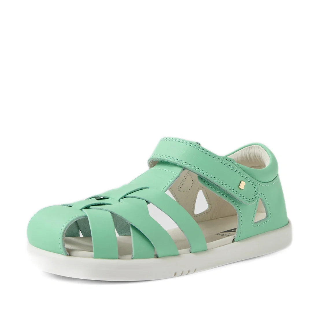 Introducing the Bobux Kids Plus KP Tropicana II Jelly Mint Quick Dry Sandal — a mint green children's sandal inspired by the iconic Tropicana design. This stylish closed-toe sandal features a white sole, convenient Velcro strap, and cut-out details on the