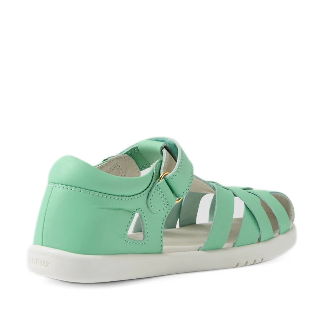Experience the Bobux Kids Plus KP Tropicana II Jelly Mint Quick Dry Sandal—a contemporary kid leather sandal in a fresh mint green, inspired by the original Tropicana. This open-toe design features multiple straps, a hook-and-loop ankle strap for easy adj