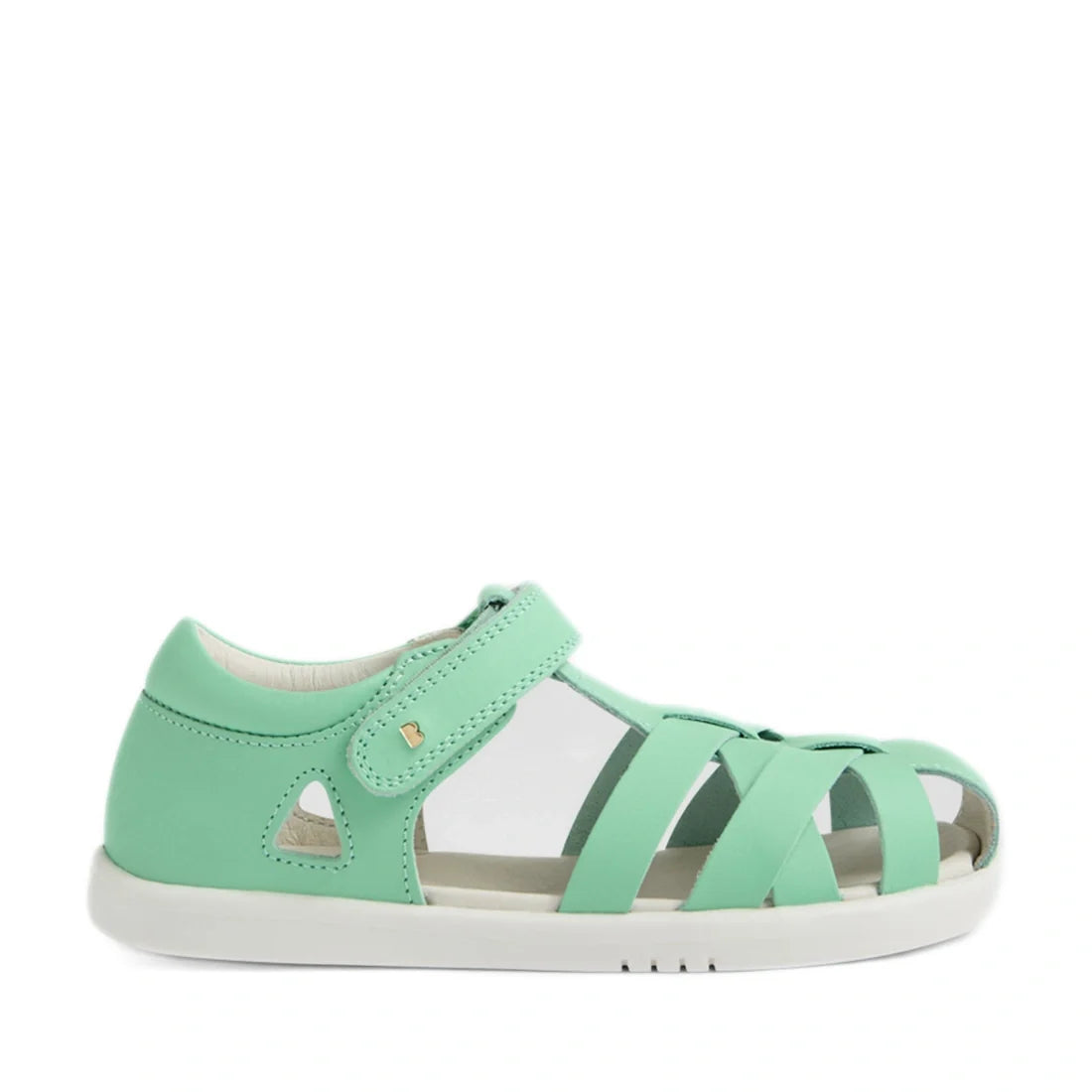 Introducing the Bobux Kids Plus KP Tropicana II Jelly Mint Quick Dry Sandal—a mint green sandal crafted from kid leather and inspired by the Bobux Tropicana. This style features a closed heel, open toe, white sole, convenient velcro strap, and decorative 