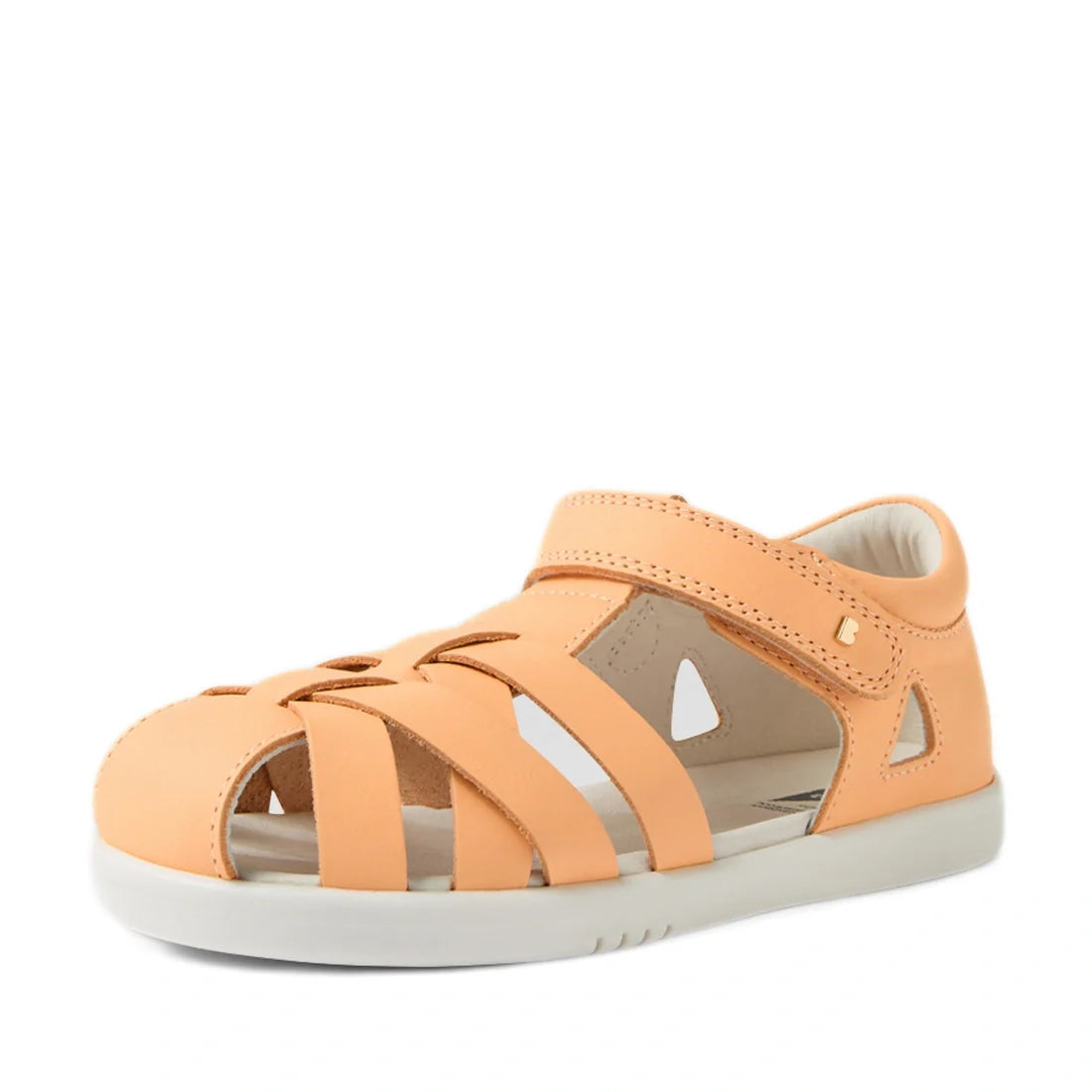 A single Bobux Kids Plus KP Tropicana II Peach Jelly Quick Dry Sandal, a podiatrist-approved kids’ shoe in peach with a closed toe, cut-out sides, and an ankle Velcro strap, is displayed on a white background., 9420074861368, 9420074861337, 9420074861344,