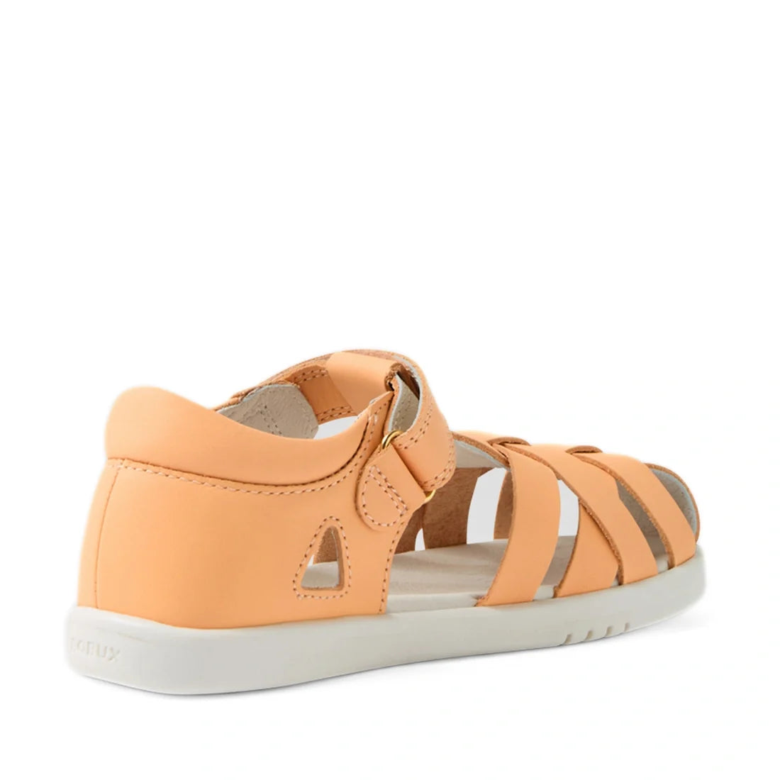 Bobux Kids Plus KP Tropicana II Peach Jelly Quick Dry Sandal, shown in peach with multiple straps, closed heel, open toe, and a white sole, pictured from the back right angle on a plain white background; these podiatrist-approved kids’ shoes combine style