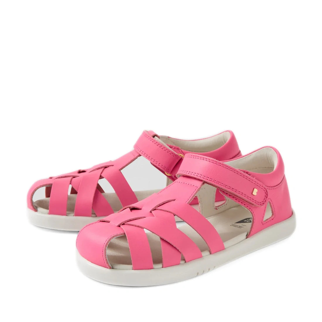 A pair of Bobux Kids Plus KP Tropicana II Pink Lemonade Quick Dry Sandals with white soles and adjustable Velcro straps, displayed on a white background—perfect summer shoes for kids.