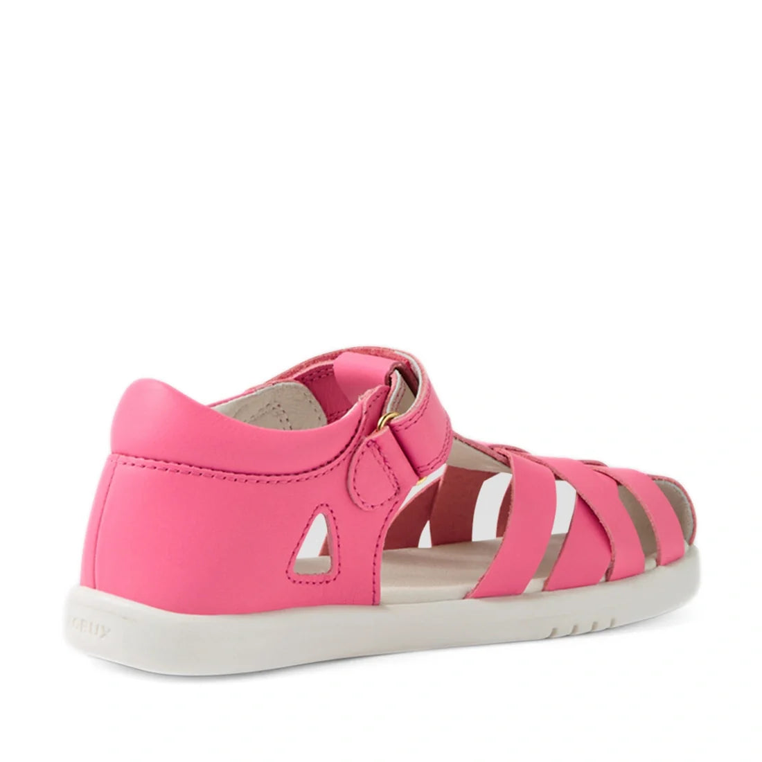 Introducing the Bobux Kids Plus KP Tropicana II Pink Lemonade Quick Dry Sandal—a vibrant pink strappy sandal with a white sole, shown from back and side angles. Featuring a closed heel, open toe, and convenient Velcro strap for easy fastening, these sanda