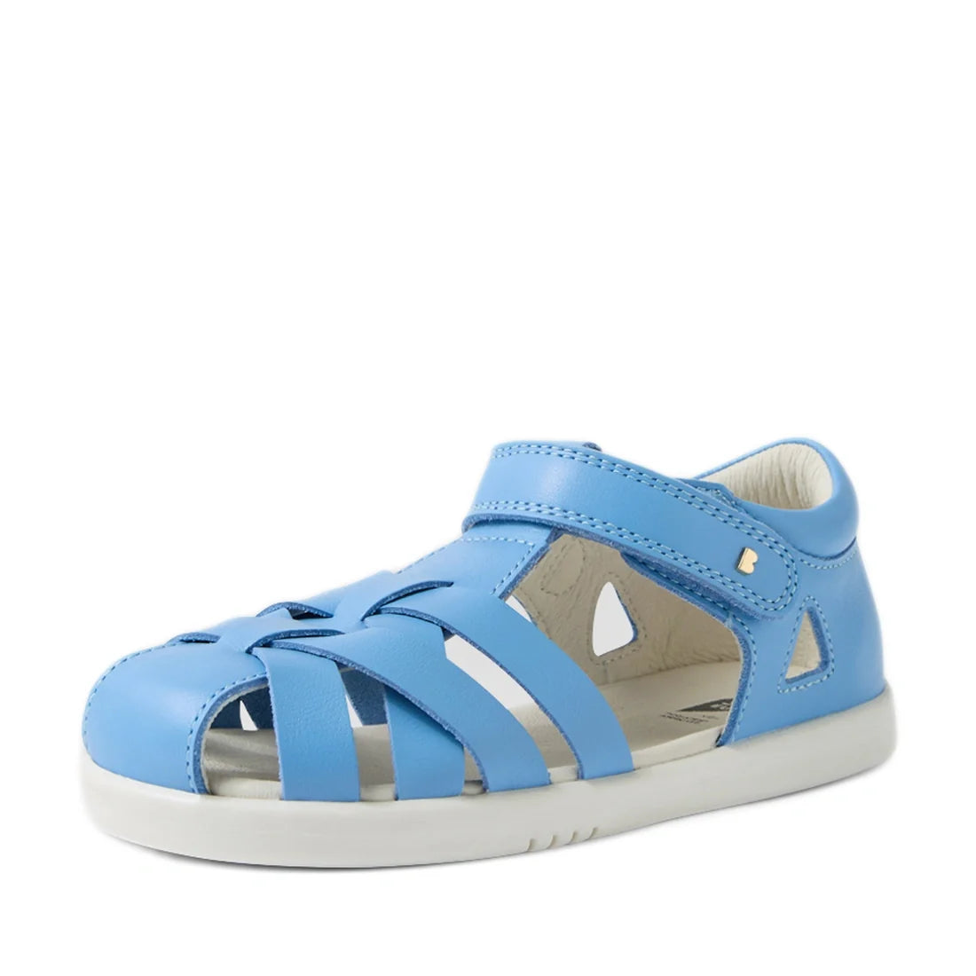 Introducing the Bobux Kids Plus KP Tropicana II Baltic Sea Blue Quick Dry Sandal—a blue closed-toe children’s sandal inspired by the original Bobux Tropicana design. This sandal features a white sole, Velcro strap, and breathable cut-out leather details, 