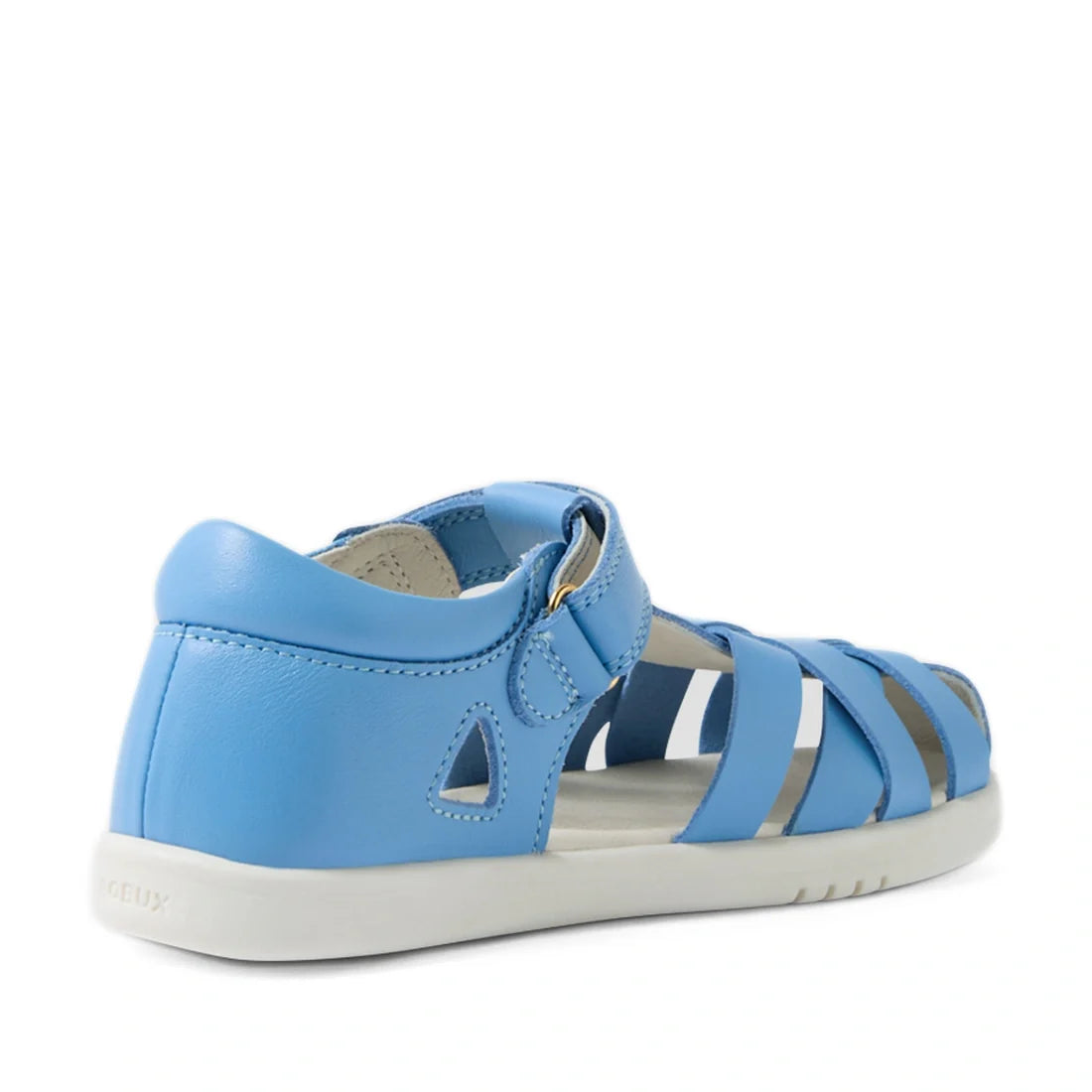 The Bobux Kids Plus KP Tropicana II Baltic Sea Blue Quick Dry Sandal is a light blue children’s summer sandal inspired by the classic Tropicana style, featuring a closed heel, open toe, multiple straps, and a white sole. Viewed from the back side, this sh