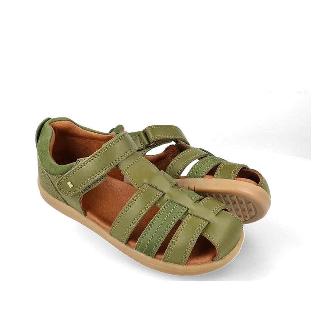 a pair of Bobux Kid+ Plus Roam Sea Kelp Green Closed Toe Sandal 830528- closed toe sandals with closed back for heel support. velcro around the heel and straps of leather over the toes so air can move freely around the toes.