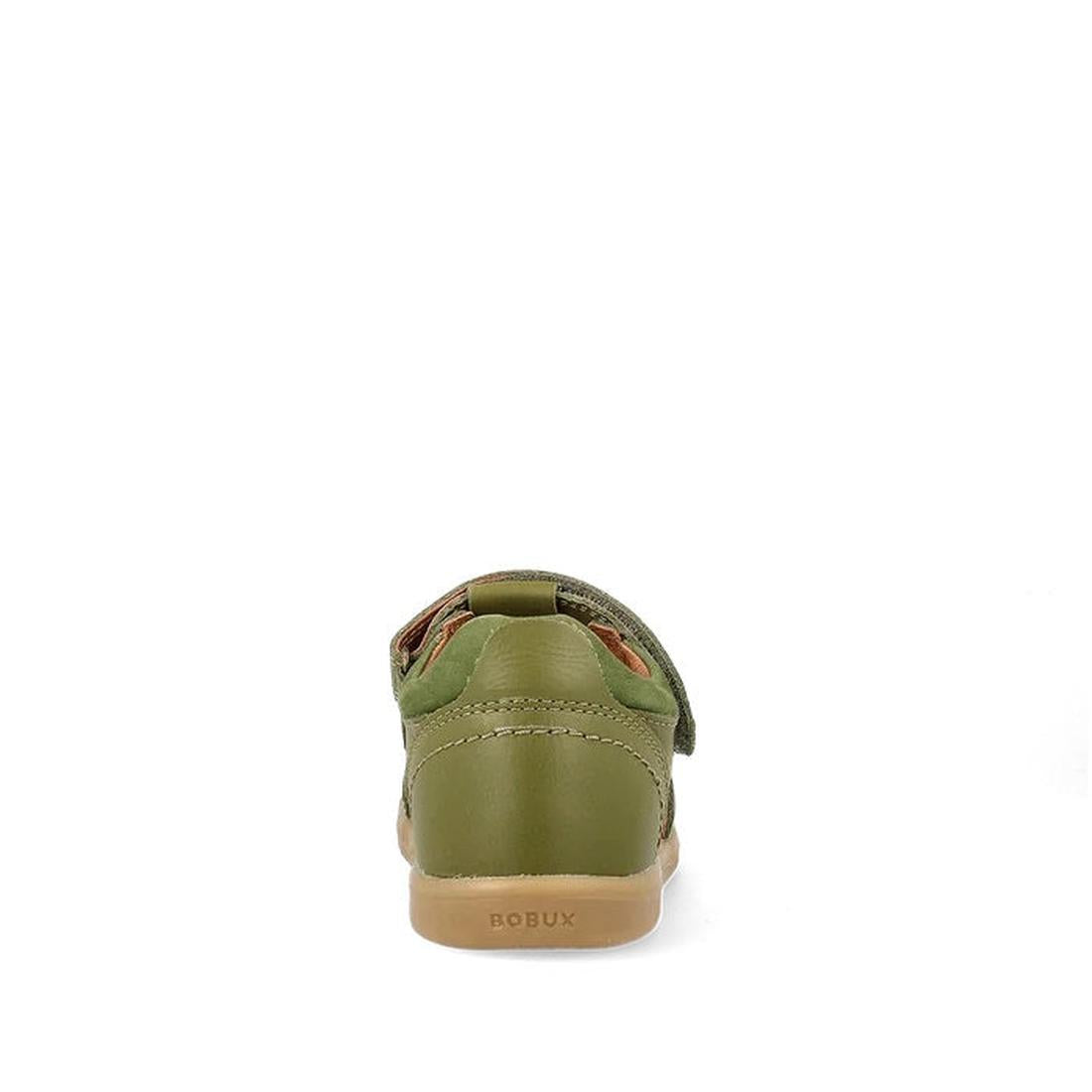 The Bobux Kid+ Plus Roam Sea Kelp Green Closed Toe Sandal (830528) is shown from the back with a tan sole, leather upper, low-cut design, and "Bobux" embossed on the heel., 9420075767706, 9420075773240, 9420075774537, 9420075771734, 39067, 39068, 39069