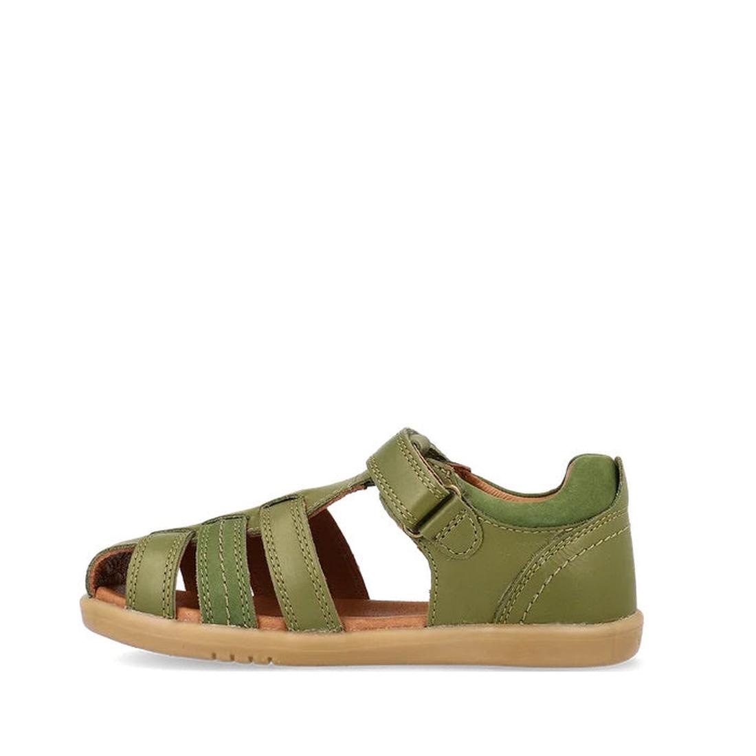The Bobux Kid+ Plus Roam Sea Kelp Green Closed Toe Sandal (830528) features olive green leather, a closed heel, open toe, multiple straps, tan rubber sole, and an ankle hook-and-loop strap for classic kids' comfort., 9420075767706, 9420075773240, 94200757