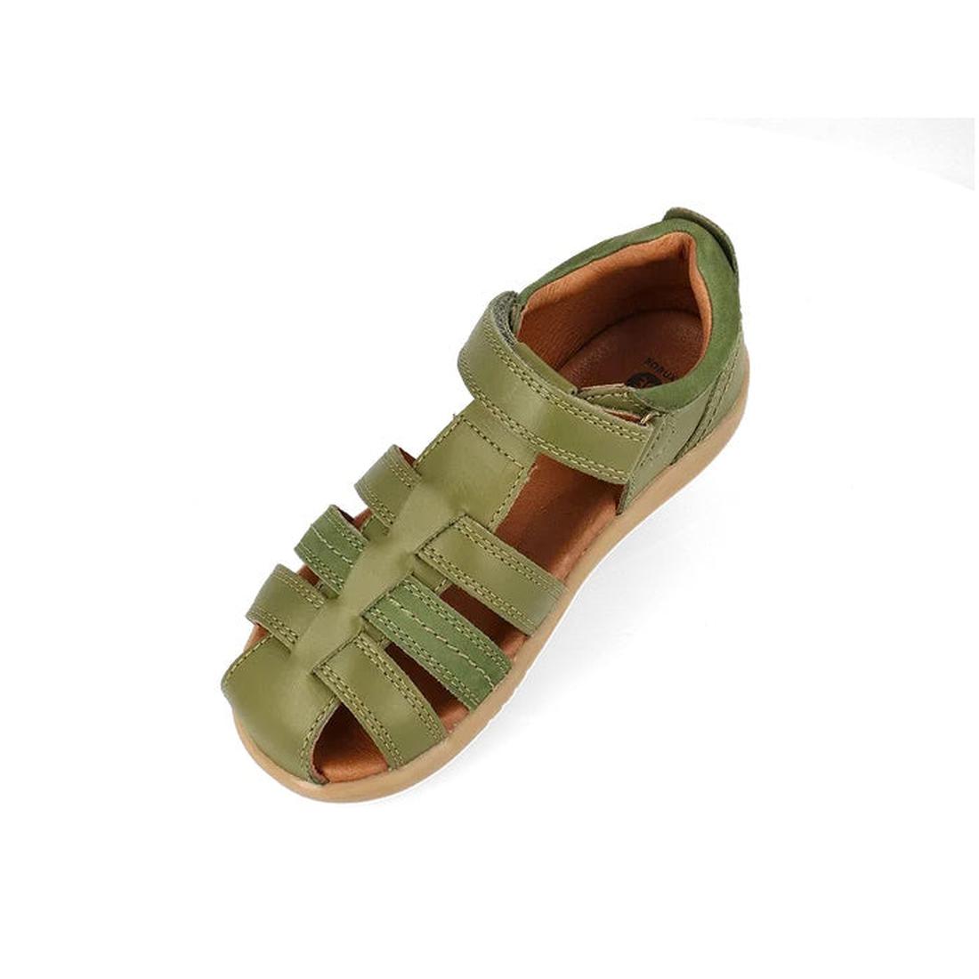The Bobux Kid+ Plus Roam Sea Kelp Green Closed Toe Sandal 830528 is a boys' leather sandal with open sides, Velcro strap, and light brown sole, offering comfort and style for children., 9420075767706, 9420075773240, 9420075774537, 9420075771734, 39067, 39