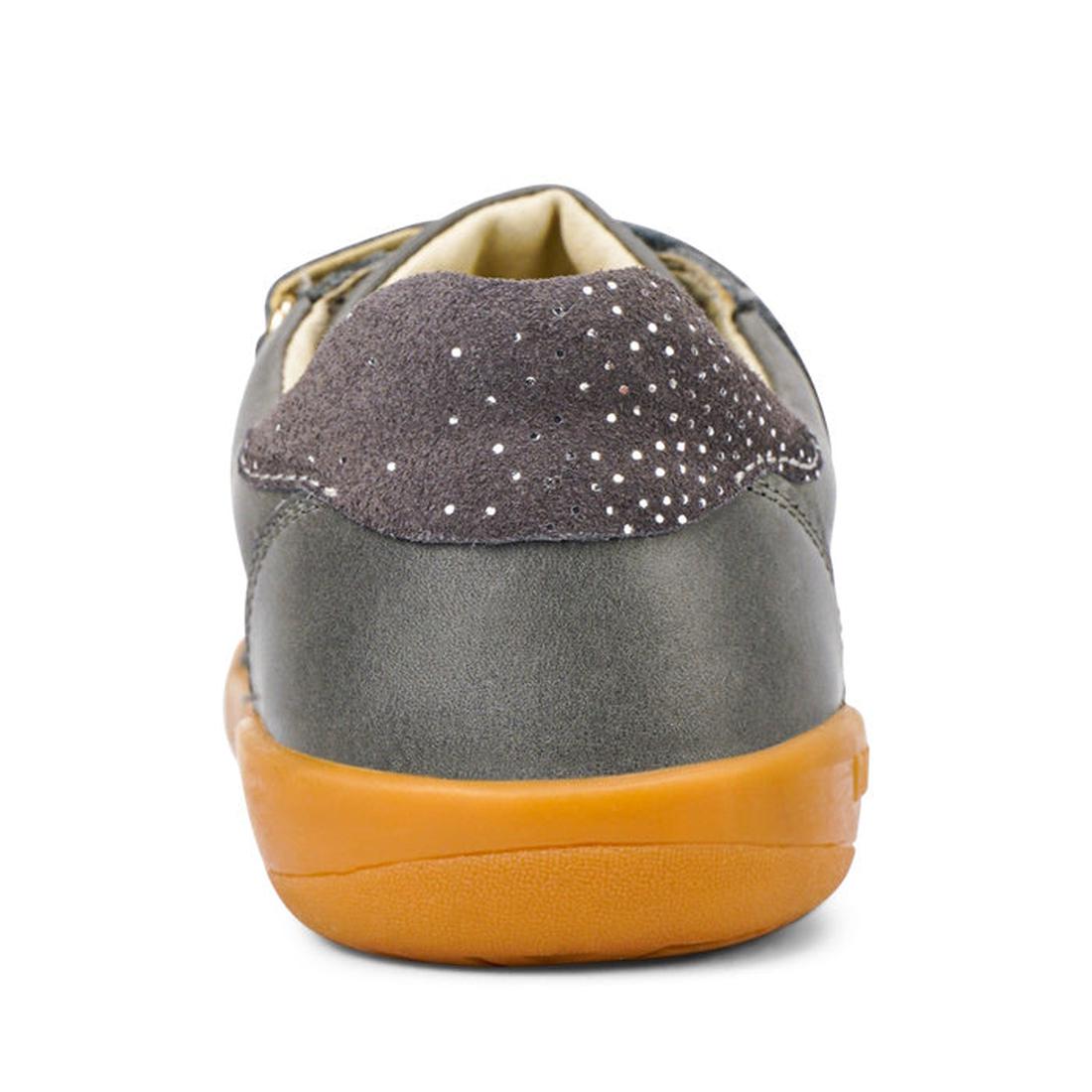 A close-up rear view of the Bobux Kids Plus KP Sprite Sneaker in Charcoal Grey—unisex shoes with a gray upper, suede heel with white polka dots, and a light brown rubber sole, perfect leather sneakers for winter 2023., 9420071316724, 9420071316731, 942007