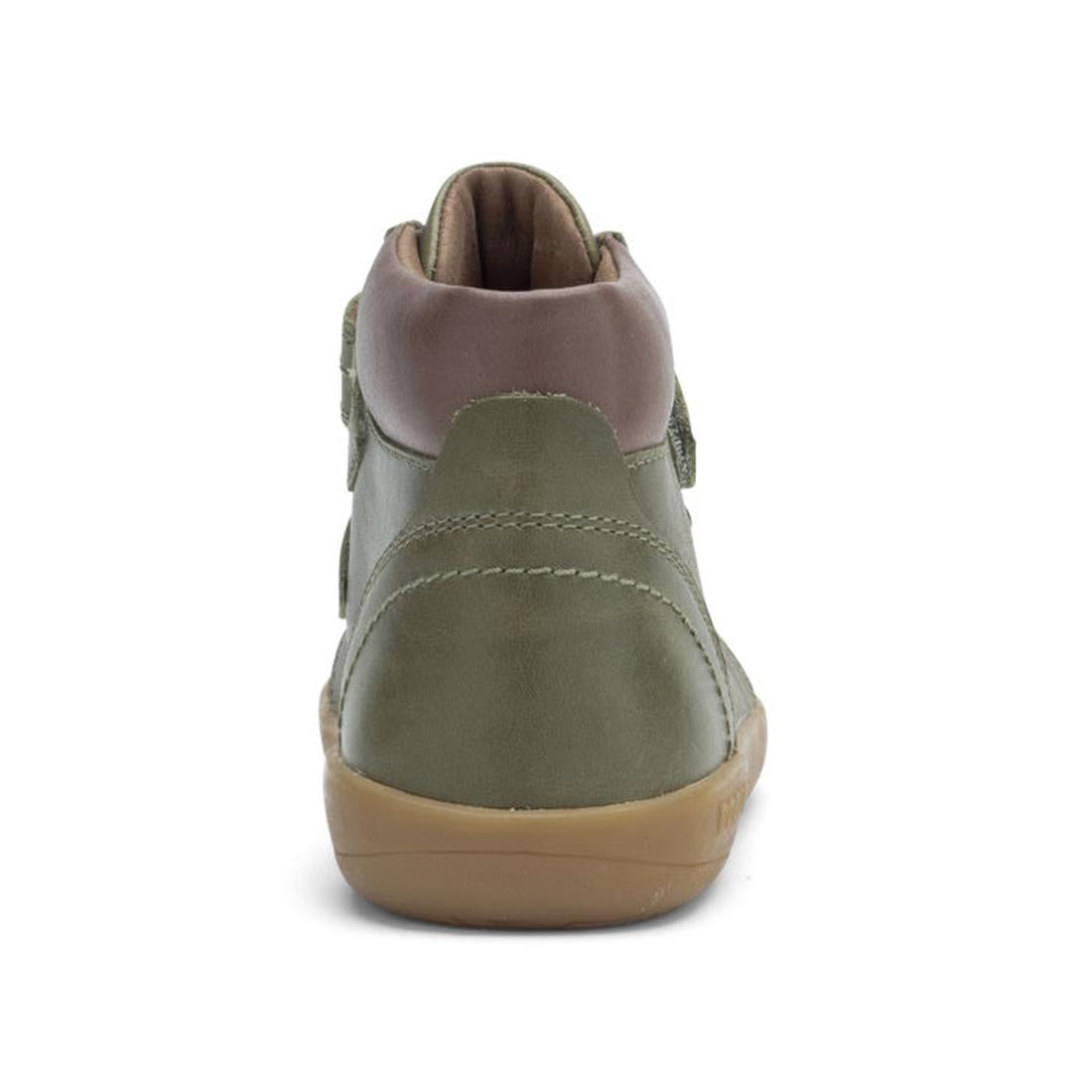 The Bobux Kid+ Timber Boot Olive 832909F is a green high-top sneaker with a brown collar and tan rubber sole, inspired by nubuck leather boots, shown from the back on a white background., 9420071304523, 9420071304530, 9420071304547, 9420071304554, 9420071