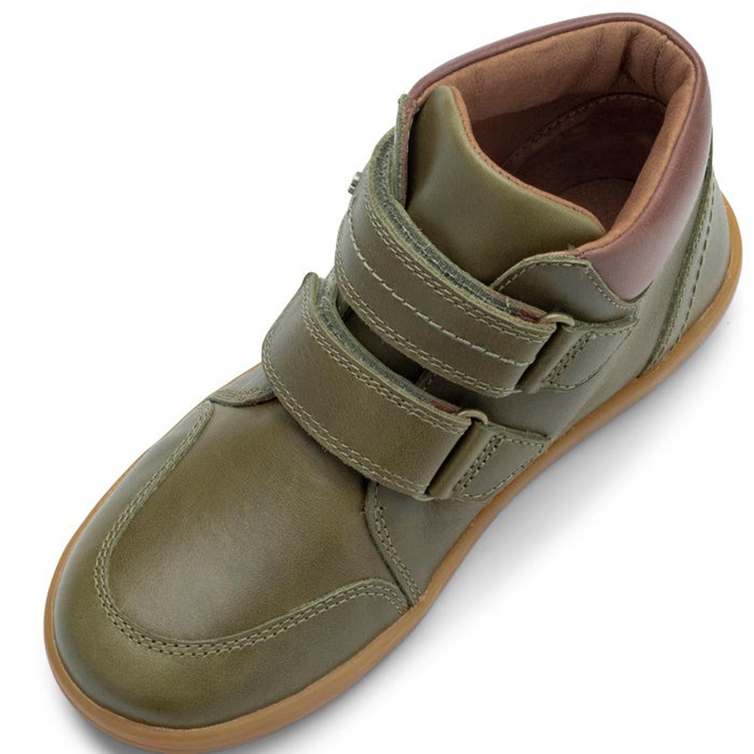 The Bobux Kid+ Timber Boot Olive 832909F is a single olive green nubuck leather high-top shoe with two velcro straps and a light brown sole, shown from an angled top view., 9420071304523, 9420071304530, 9420071304547, 9420071304554, 9420071304561, 9420071