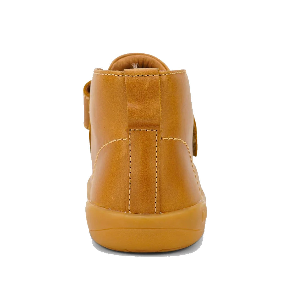 The Bobux Kid+ Desert Boot Caramel 830305Z heel view is a brown leather unisex children’s high-top boot with a tan rubber sole and wide hook-and-loop strap, shown in side profile against a white background., 9420068516861, 9420075719682, 9420075719699, 94