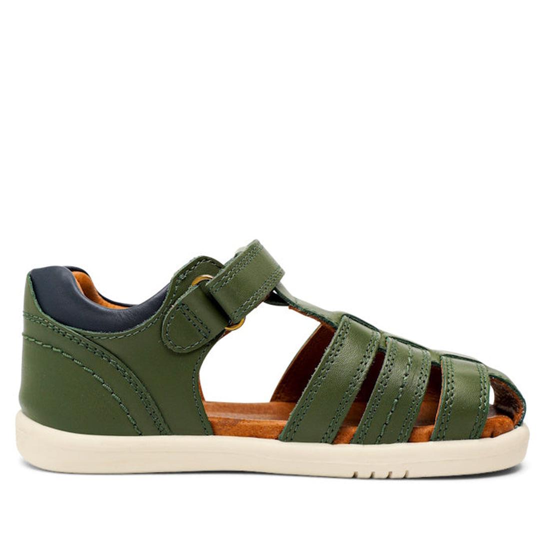 A side-profile of the Bobux IWalk Roam Sandal in Forest Navy leather, featuring a closed toe, multiple straps, hook-and-loop closure, tan cushioned insole, and white rubber sole on a plain background., 9420071319213, 9420071319220, 9420071319237, 94200713