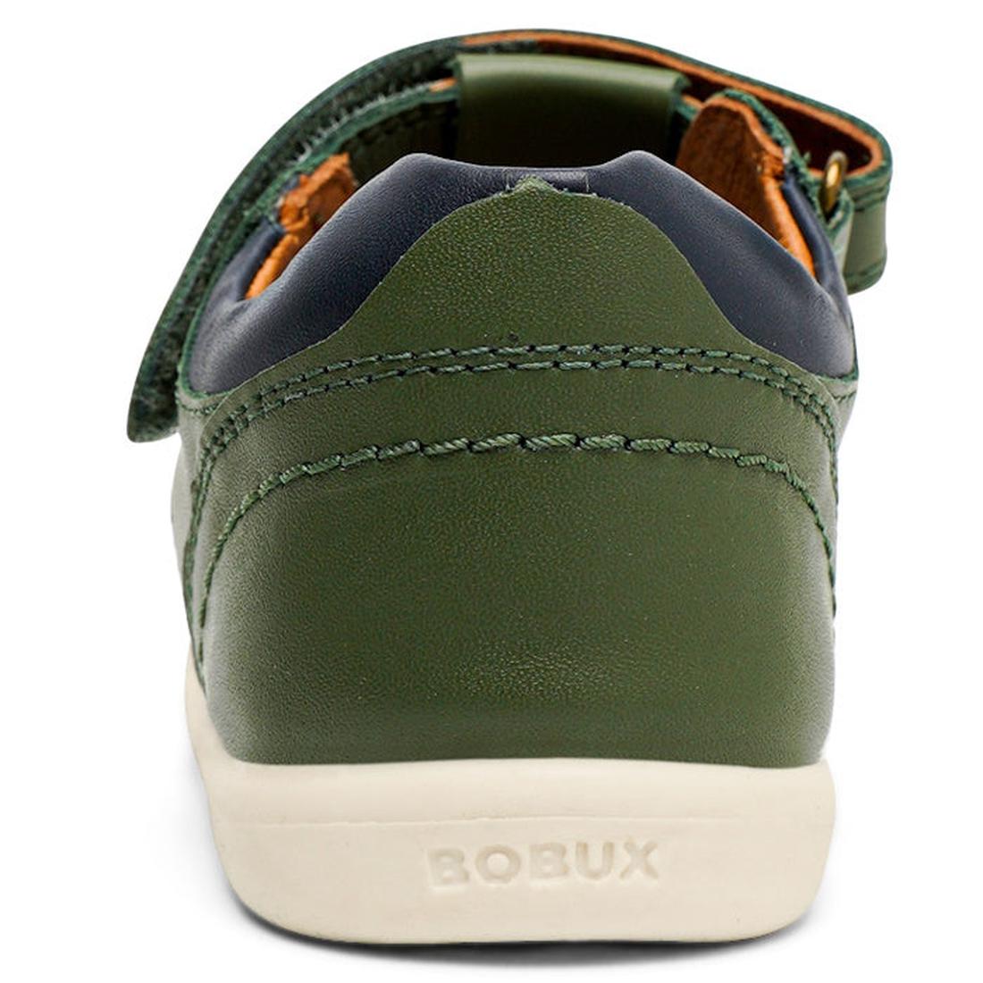 A close-up rear view of the Bobux IWalk Roam Sandal in Forest Navy leather features a white sole, visible stitching, an ankle strap, and BOBUX embossed on the heel—ideal boys’ summer sandals for stylish comfort., 9420071319213, 9420071319220, 942007131923